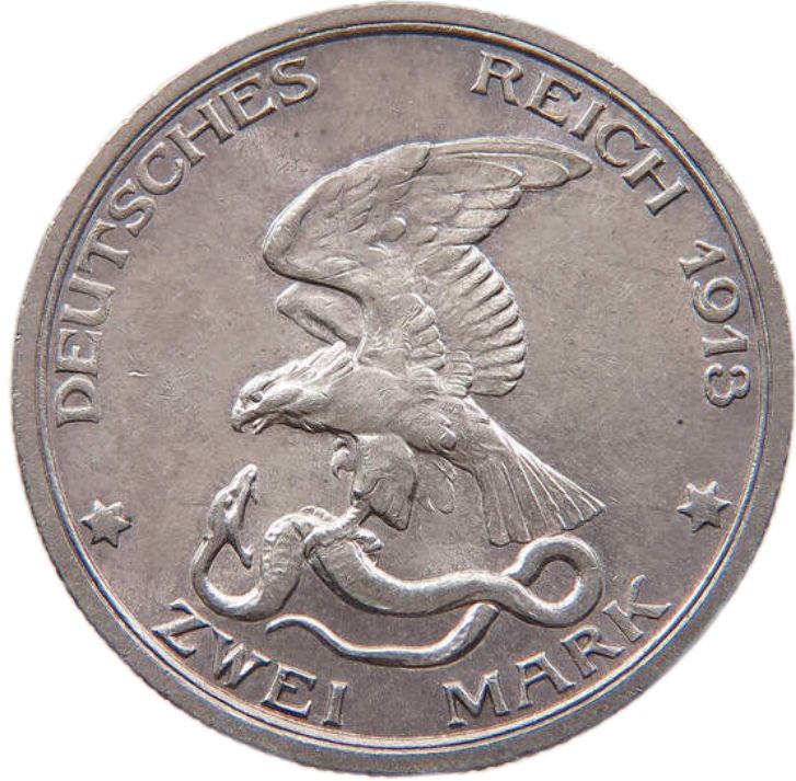1913 Prussia 2 Marks, VF - Arts & Entertainment > Hobbies & Creative Arts > Collectibles > Collectible Coins & Currency > Collectible Coins > Rare Coins from The Half Crown