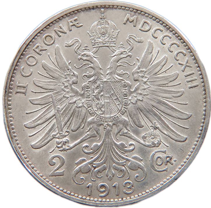 1913 Austrian Empire 2 Corona, gVF - Arts & Entertainment > Hobbies & Creative Arts > Collectibles > Collectible Coins & Currency > Collectible Coins > Rare Coins from The Half Crown