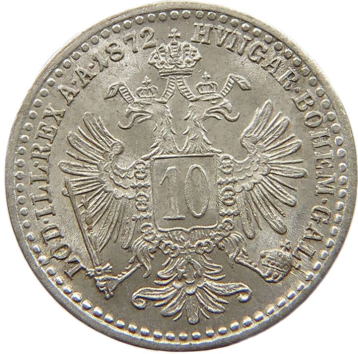 1872 Austrian Empire 10 Kreuzer, aUNC - Arts & Entertainment > Hobbies & Creative Arts > Collectibles > Collectible Coins & Currency > Collectible Coins > Rare Coins from The Half Crown