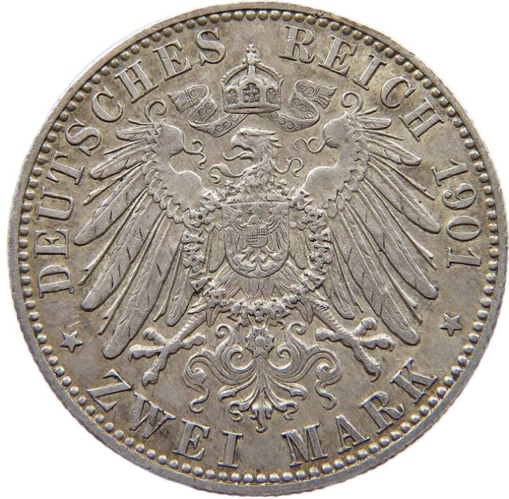 1901 Prussia 2 Marks, VF - Arts & Entertainment > Hobbies & Creative Arts > Collectibles > Collectible Coins & Currency > Collectible Coins > Rare Coins from The Half Crown