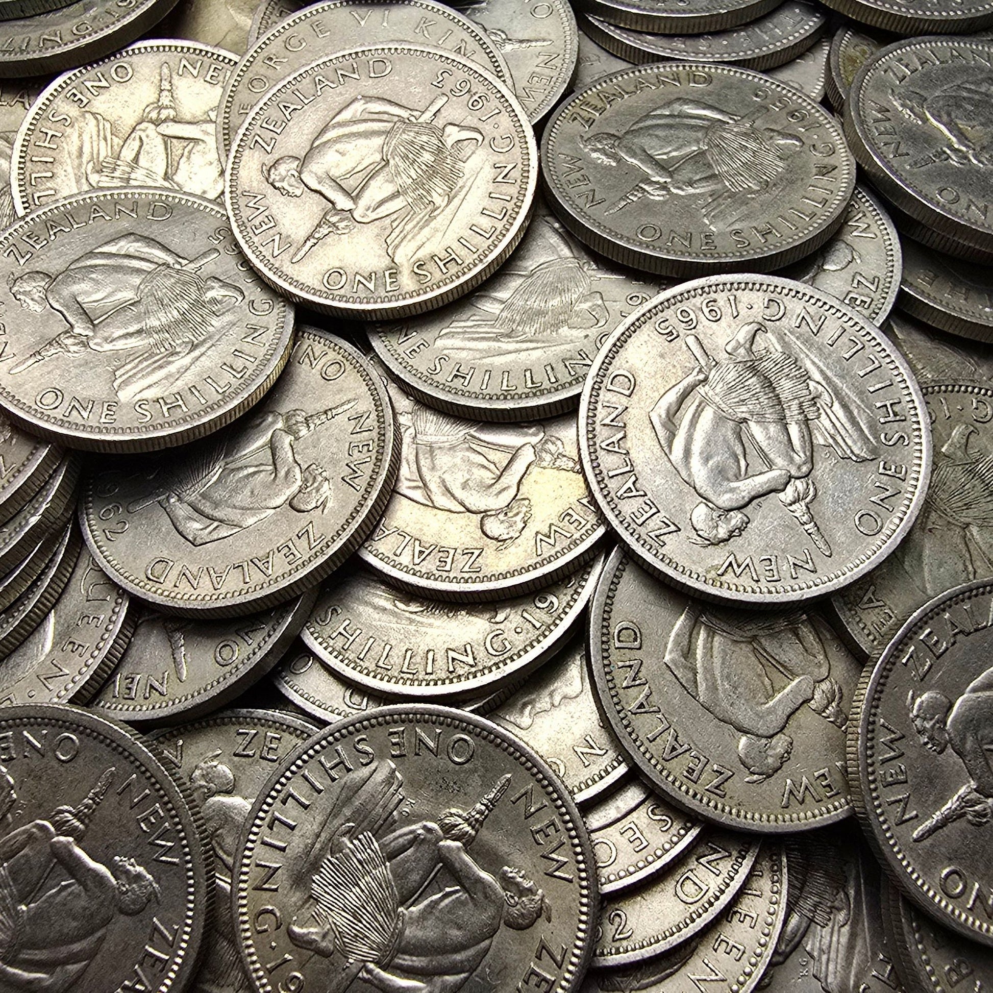 1947-65 New Zealand Shillings, 100 grams of coins - Arts & Entertainment > Hobbies & Creative Arts > Collectibles > Collectible Coins & Currency > Collectible Coins > Rare Coins from The Half Crown