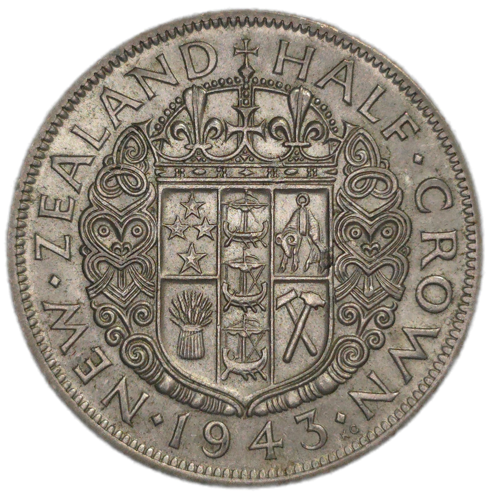 1943 New Zealand Half Crown, gVF - Arts & Entertainment > Hobbies & Creative Arts > Collectibles > Collectible Coins & Currency > Collectible Coins > Rare Coins from The Half Crown