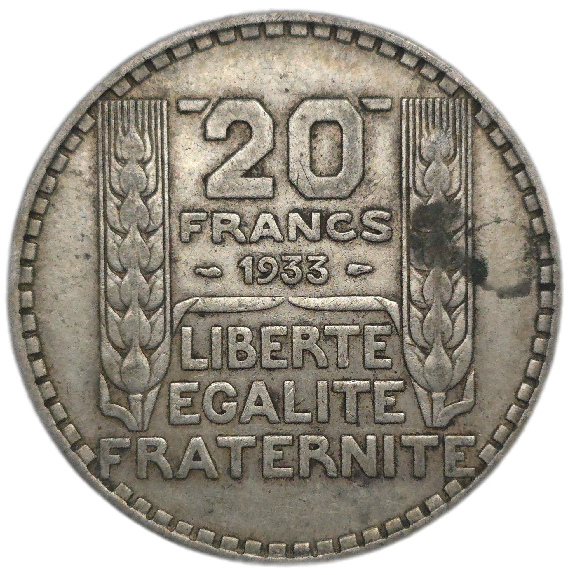 1933 France 20 Francs - Arts & Entertainment > Hobbies & Creative Arts > Collectibles > Collectible Coins & Currency > Collectible Coins > Rare Coins from The Half Crown