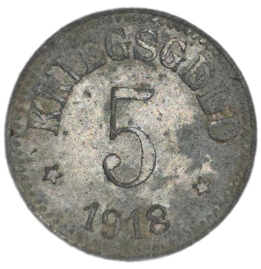 1918 Germany 5 Kriegsgeld, Notgeld Emergency Money - Arts & Entertainment > Hobbies & Creative Arts > Collectibles > Collectible Coins & Currency > Collectible Banknotes from The Half Crown