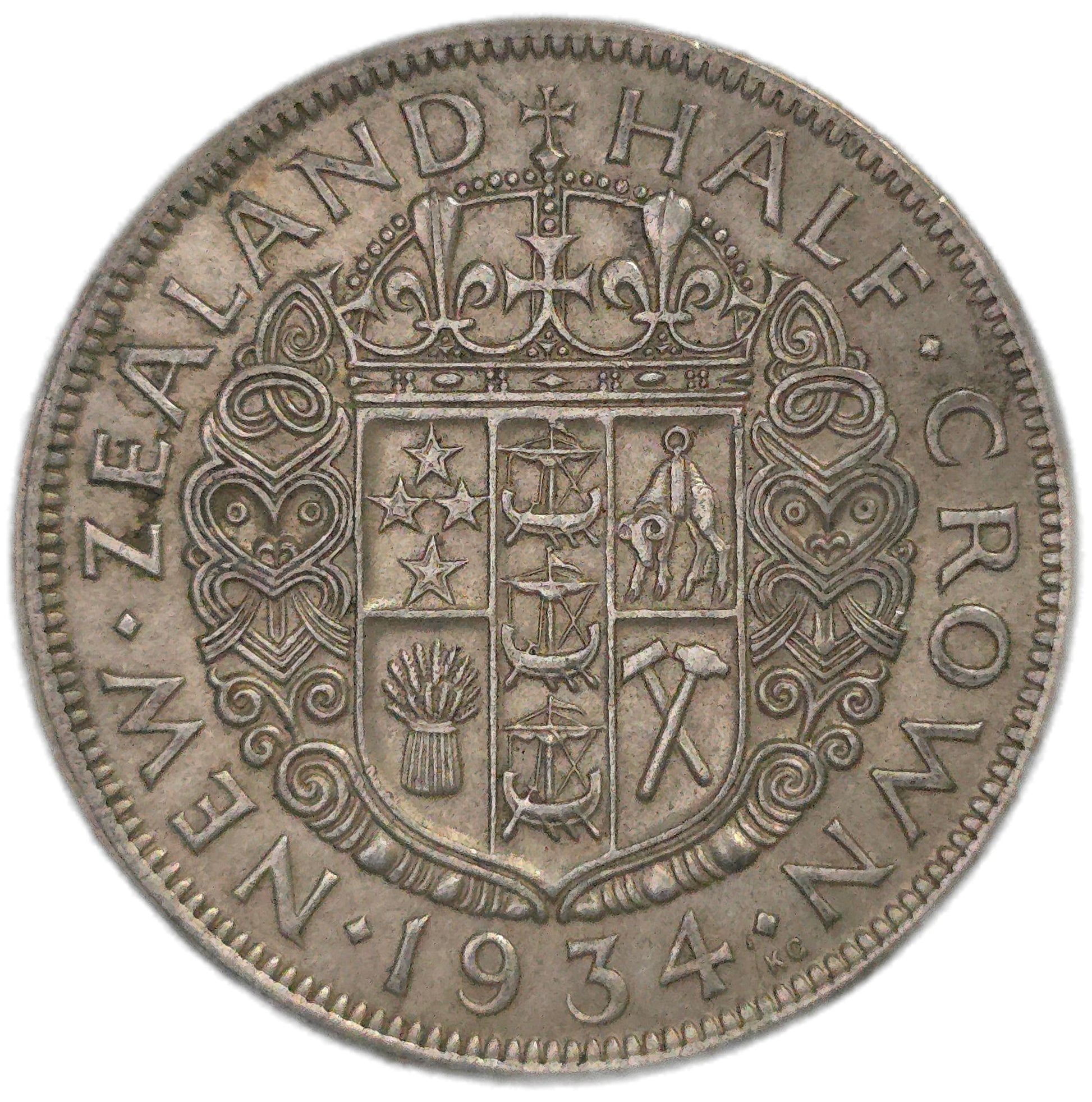 1934 New Zealand Half Crown, gVF - Arts & Entertainment > Hobbies & Creative Arts > Collectibles > Collectible Coins & Currency > Collectible Coins > Rare Coins from The Half Crown