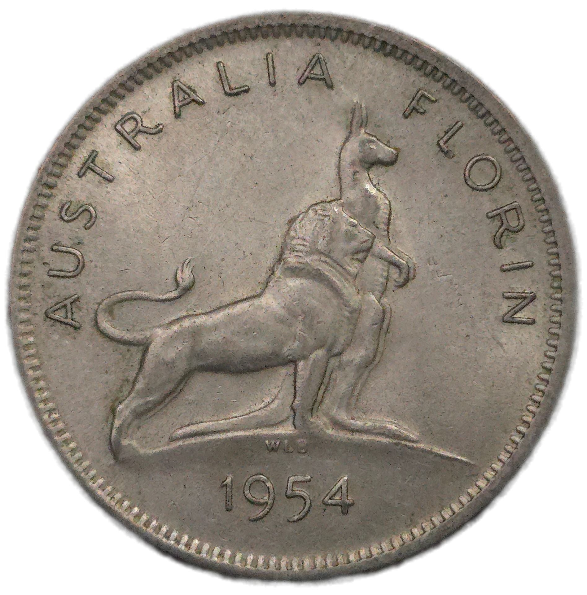 1954 Australia Florin, Royal Visit gVF - Arts & Entertainment > Hobbies & Creative Arts > Collectibles > Collectible Coins & Currency > Collectible Coins > Commemorative Coins from The Half Crown