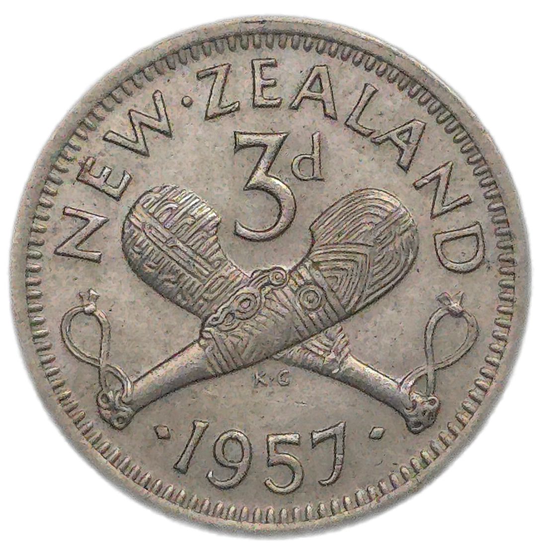 1957 New Zealand Threepence, Type B, VF - Arts & Entertainment > Hobbies & Creative Arts > Collectibles > Collectible Coins & Currency > Collectible Coins > Rare Coins from The Half Crown
