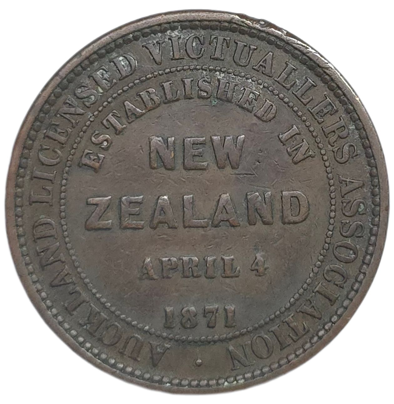 1871 New Zealand Trade Token Auckland Licensed Victuallers - Arts & Entertainment > Hobbies & Creative Arts > Collectibles > Collectible Coins & Currency > Collectible Coins > Commemorative Coins from The Half Crown