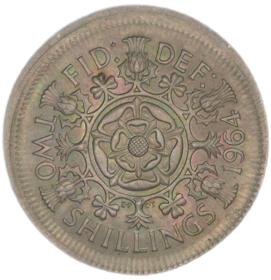 1964 United Kingdom Two Shillings, Broadstrike error - Arts & Entertainment > Hobbies & Creative Arts > Collectibles > Collectible Coins & Currency > Collectible Coins > Rare Coins from The Half Crown