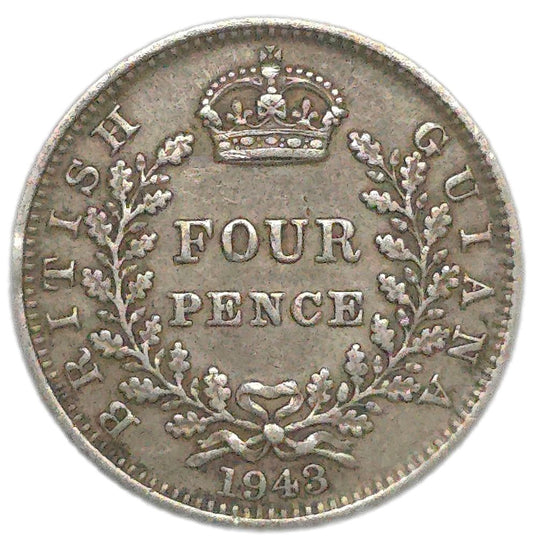 1943 British Guiana Fourpence - Arts & Entertainment > Hobbies & Creative Arts > Collectibles > Collectible Coins & Currency > Collectible Coins > Rare Coins from The Half Crown