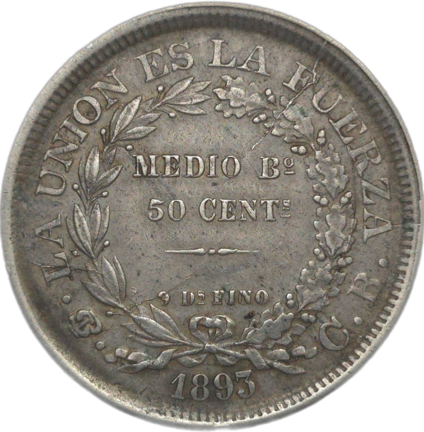 1893 Bolivia 50 Centavos, EF, off centre strike, die cracks