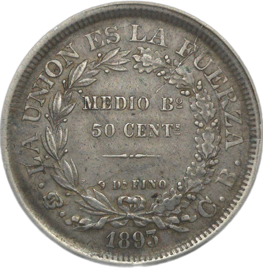 1893 Bolivia 50 Centavos, EF, off centre strike, die cracks - Arts & Entertainment > Hobbies & Creative Arts > Collectibles > Collectible Coins & Currency > Collectible Coins > Rare Coins from The Half Crown