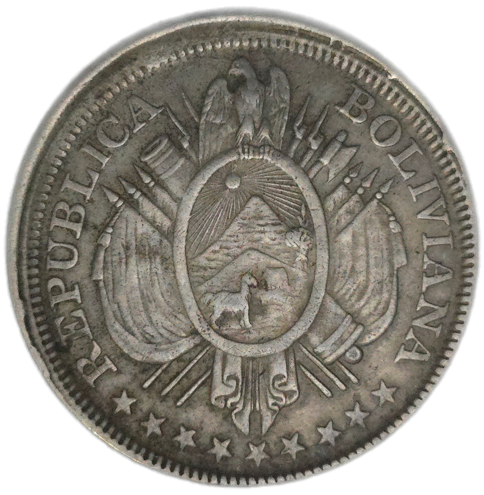 1893 Bolivia 50 Centavos, EF, off centre strike, die cracks - Arts & Entertainment > Hobbies & Creative Arts > Collectibles > Collectible Coins & Currency > Collectible Coins > Rare Coins from The Half Crown