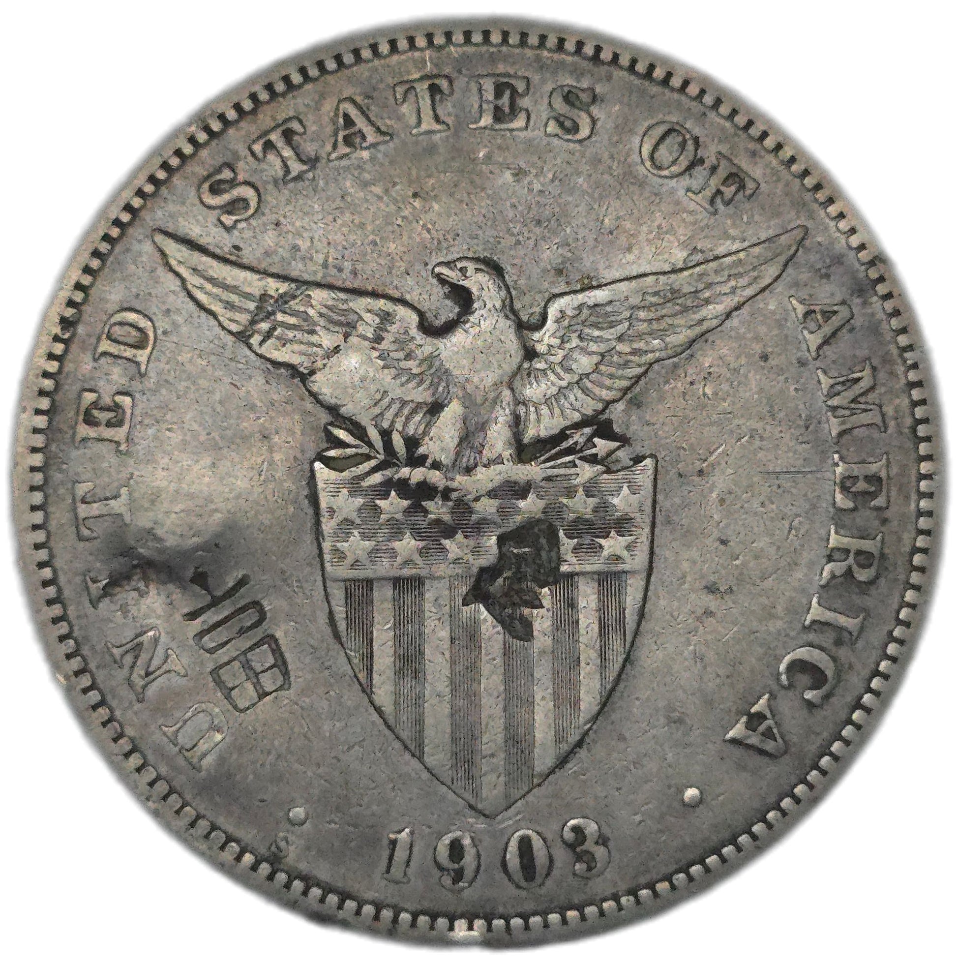 1903 Philipines 1 Peso, Countermarked - Arts & Entertainment > Hobbies & Creative Arts > Collectibles > Collectible Coins & Currency > Collectible Coins > Rare Coins from The Half Crown