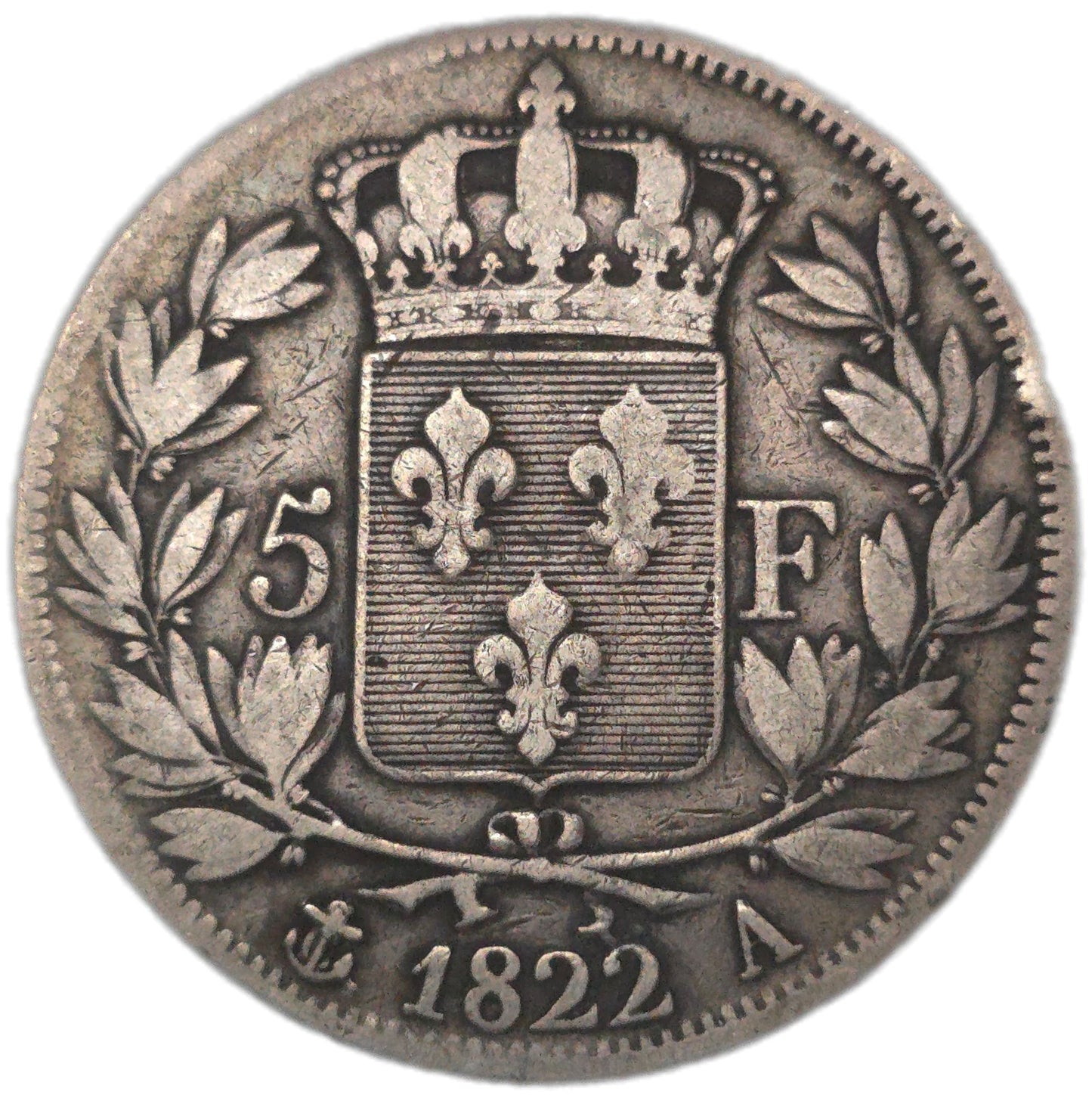 1822 France 5 Francs, Louis XVIII - Arts & Entertainment > Hobbies & Creative Arts > Collectibles > Collectible Coins & Currency > Collectible Coins > Rare Coins from The Half Crown