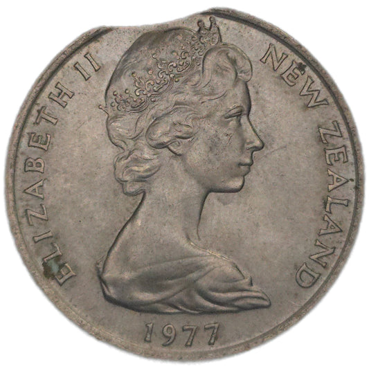 1977 New Zealand 20 Cents, Clipped planchette - Arts & Entertainment > Hobbies & Creative Arts > Collectibles > Collectible Coins & Currency > Collectible Coins > Rare Coins from The Half Crown