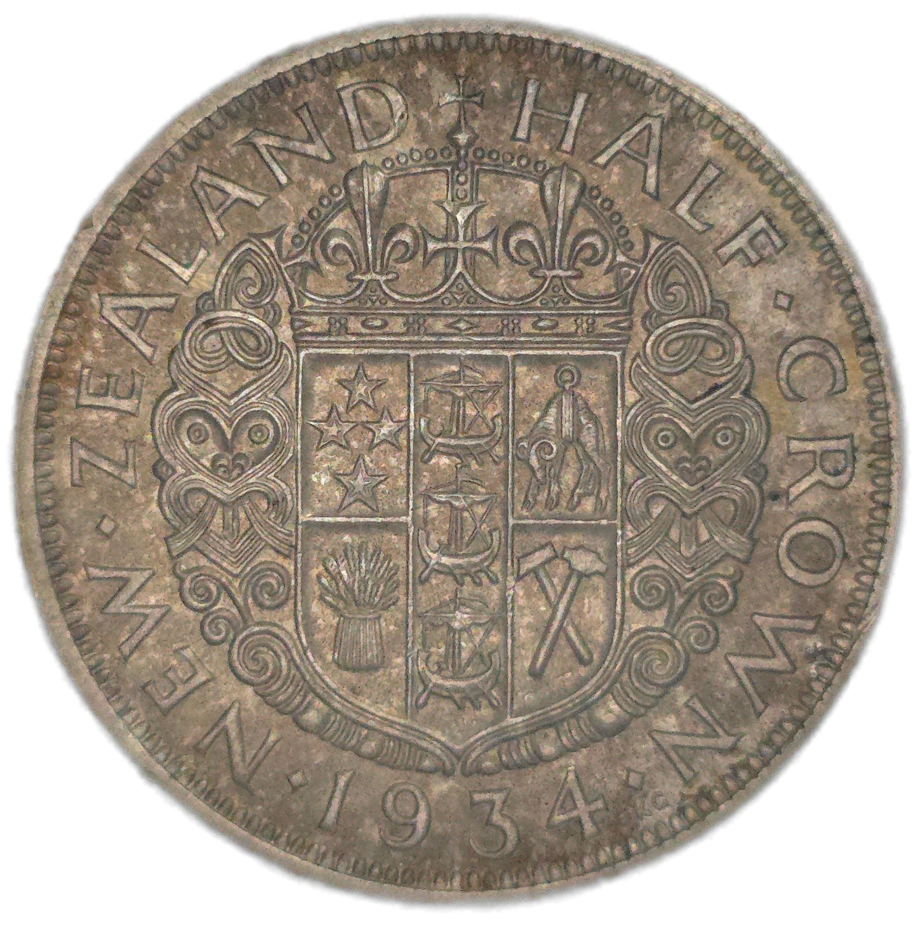 1934 New Zealand Half Crown, EF - Arts & Entertainment > Hobbies & Creative Arts > Collectibles > Collectible Coins & Currency > Collectible Coins > Rare Coins from The Half Crown