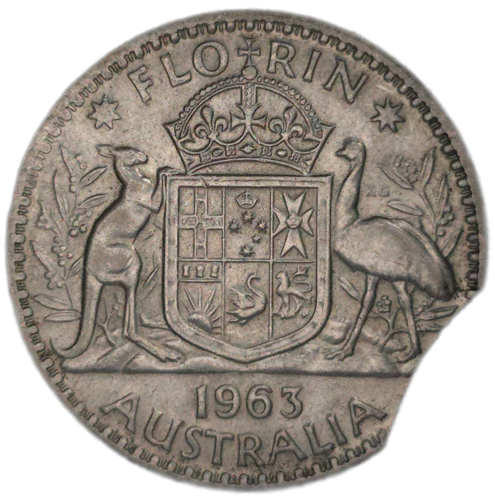 1963 Australia florin, clipped planchette - Arts & Entertainment > Hobbies & Creative Arts > Collectibles > Collectible Coins & Currency > Collectible Coins > Rare Coins from The Half Crown