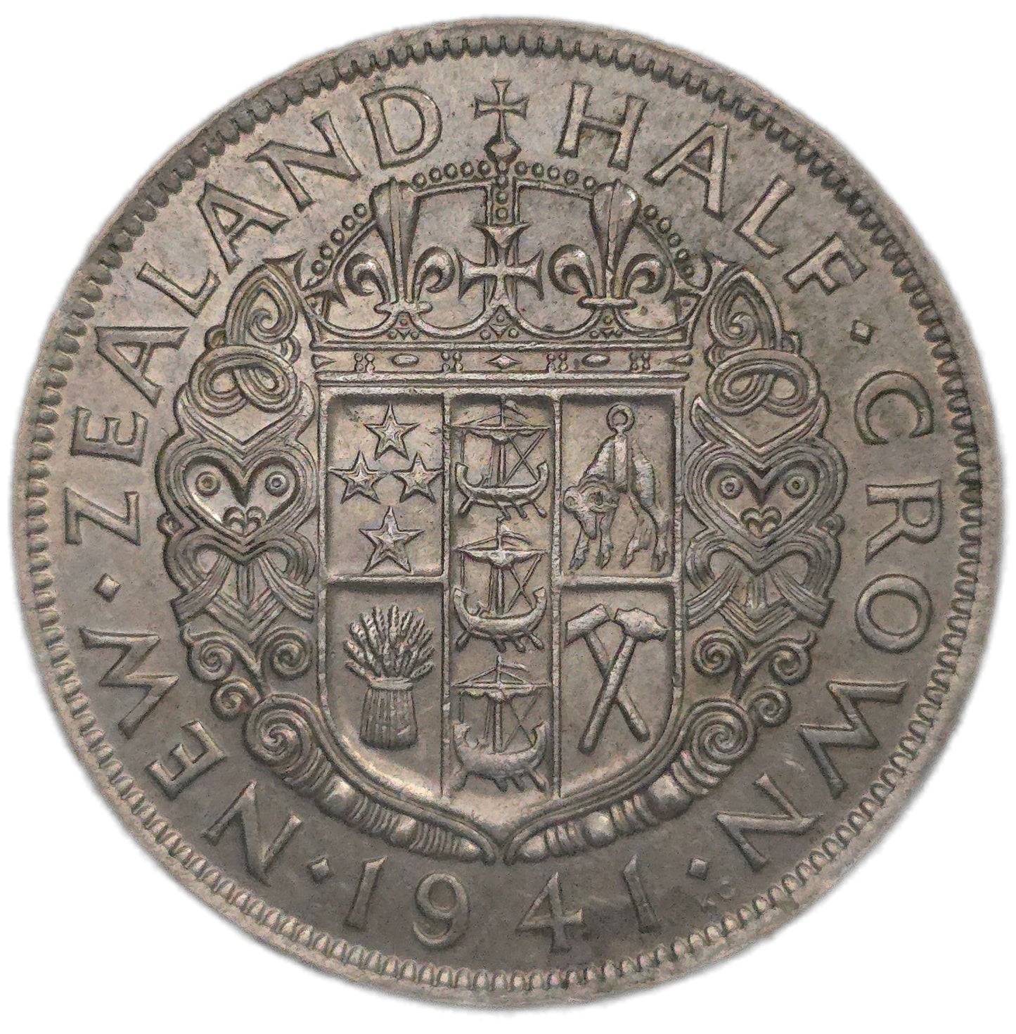 1941 New Zealand Half Crown, gVF - Arts & Entertainment > Hobbies & Creative Arts > Collectibles > Collectible Coins & Currency > Collectible Coins > Rare Coins from The Half Crown