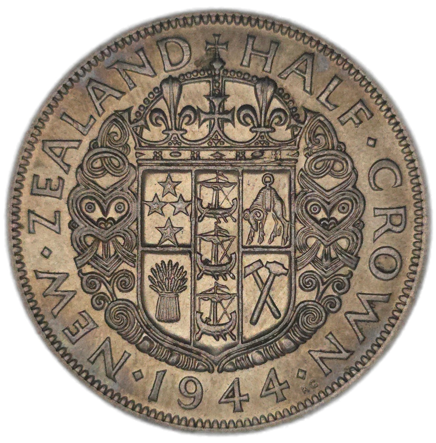 1944 New Zealand Half Crown, Key Date, gVF