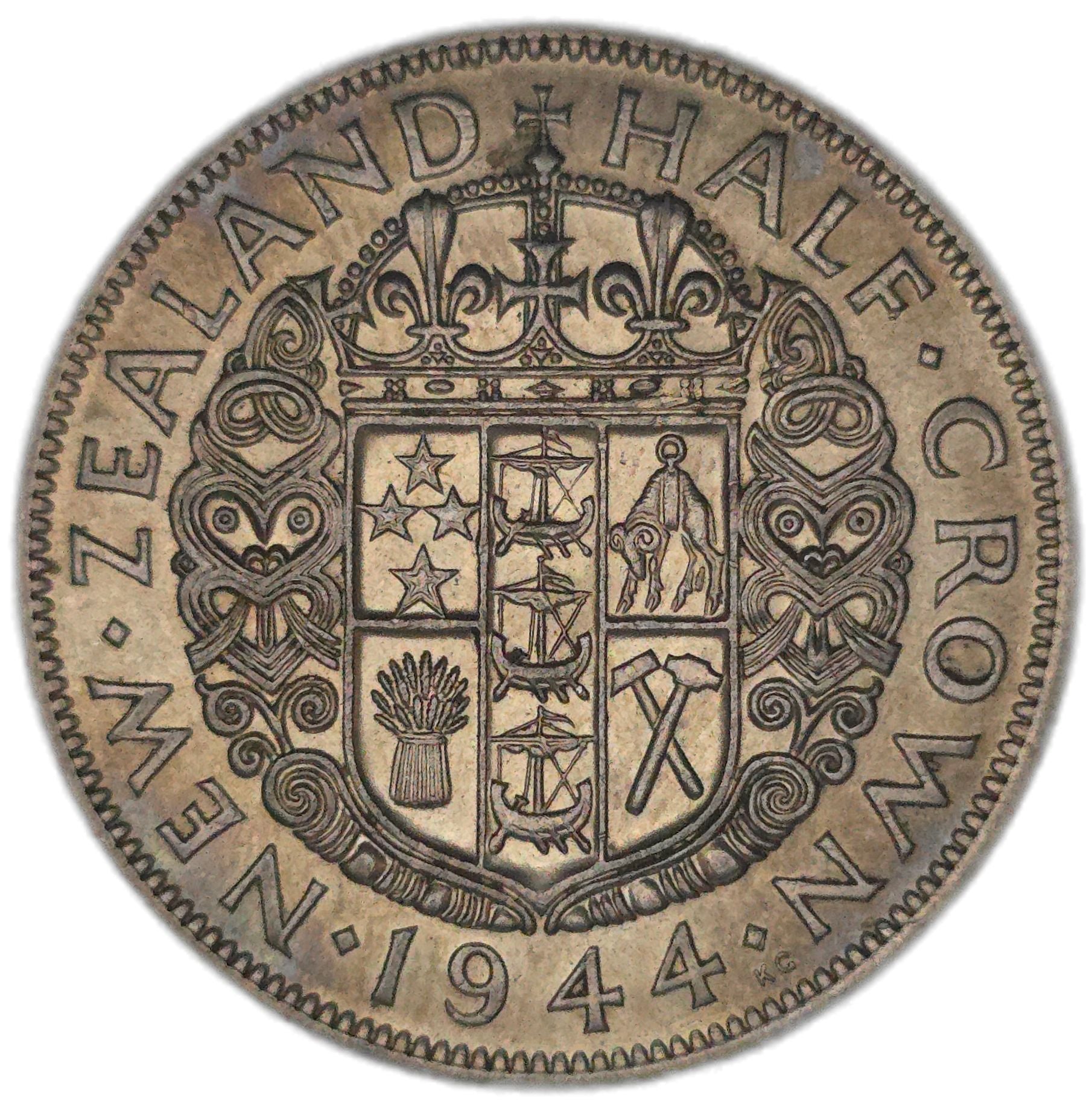 1944 New Zealand Half Crown, Key Date, gVF - Arts & Entertainment > Hobbies & Creative Arts > Collectibles > Collectible Coins & Currency > Collectible Coins > Rare Coins from The Half Crown
