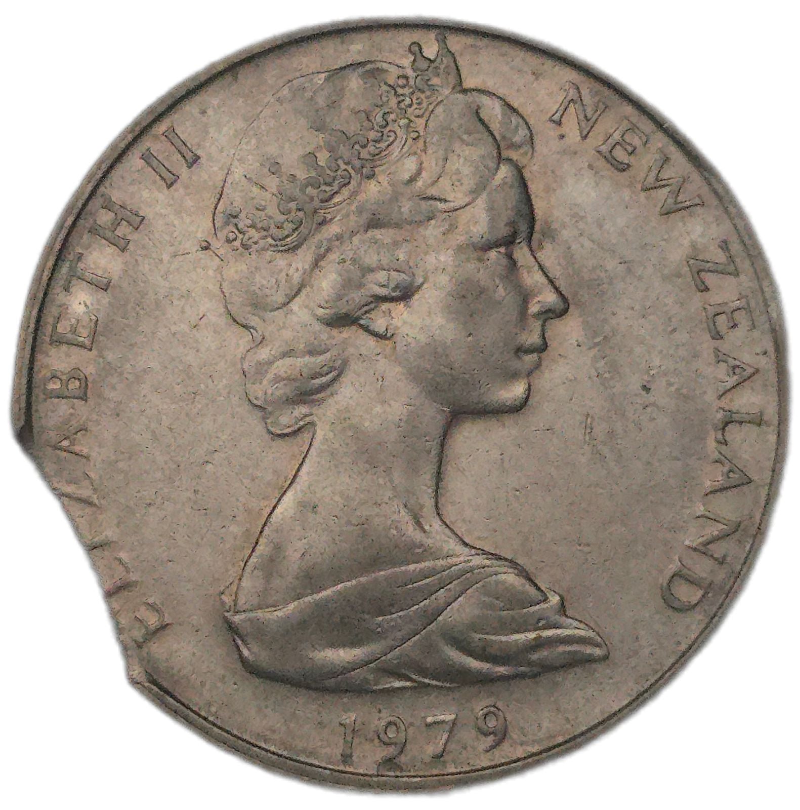 1979 New Zealand 10 Cents, clipped planchete - Arts & Entertainment > Hobbies & Creative Arts > Collectibles > Collectible Coins & Currency > Collectible Coins > Rare Coins from The Half Crown