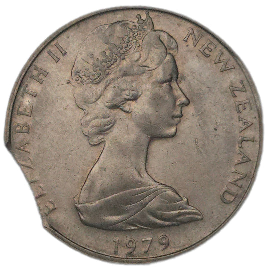 1979 New Zealand 10 Cents, clipped planchete - Arts & Entertainment > Hobbies & Creative Arts > Collectibles > Collectible Coins & Currency > Collectible Coins > Rare Coins from The Half Crown