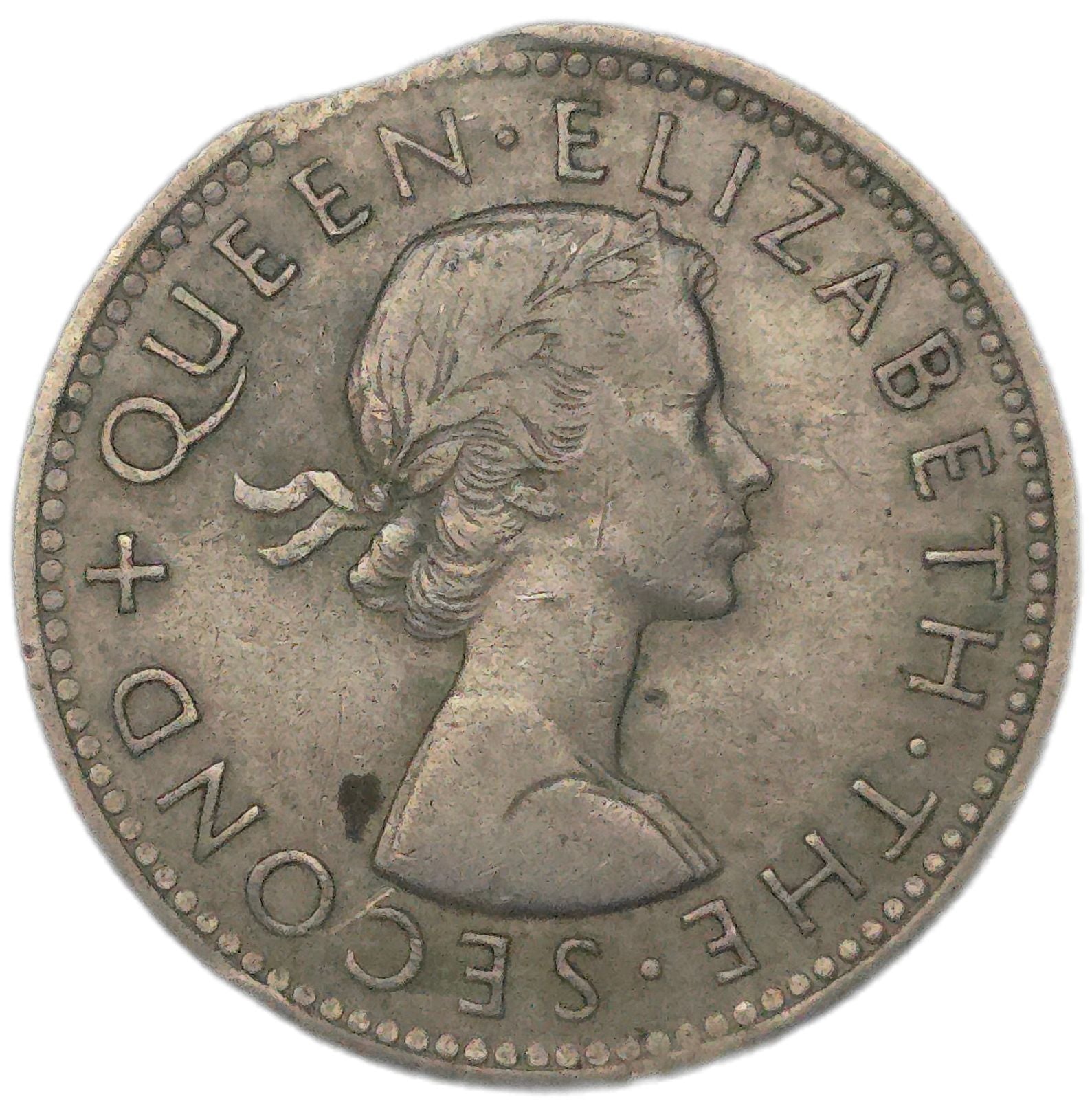 1965 New Zealand Shilling, Clipped Planchette error - Arts & Entertainment > Hobbies & Creative Arts > Collectibles > Collectible Coins & Currency > Collectible Coins > Rare Coins from The Half Crown