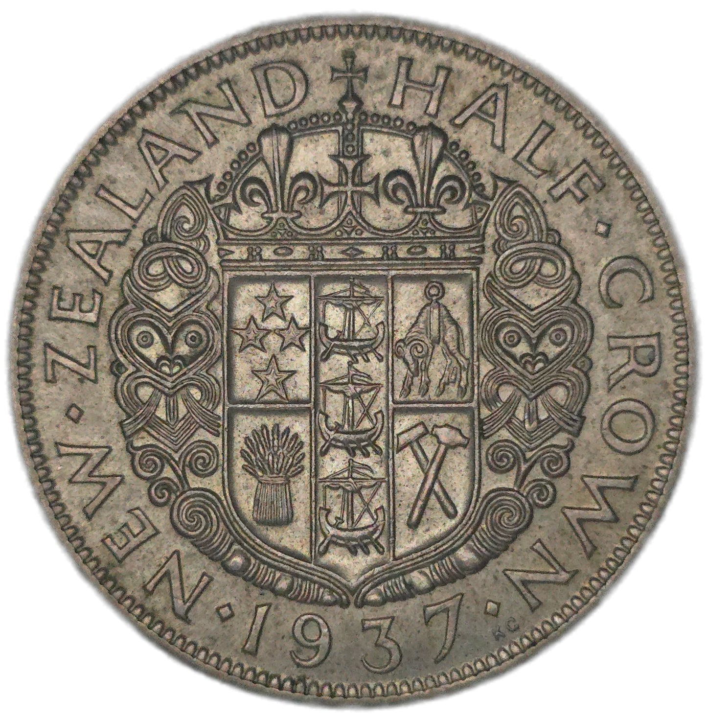 1937 New Zealand Half Crown, gVF - Arts & Entertainment > Hobbies & Creative Arts > Collectibles > Collectible Coins & Currency > Collectible Coins > Rare Coins from The Half Crown