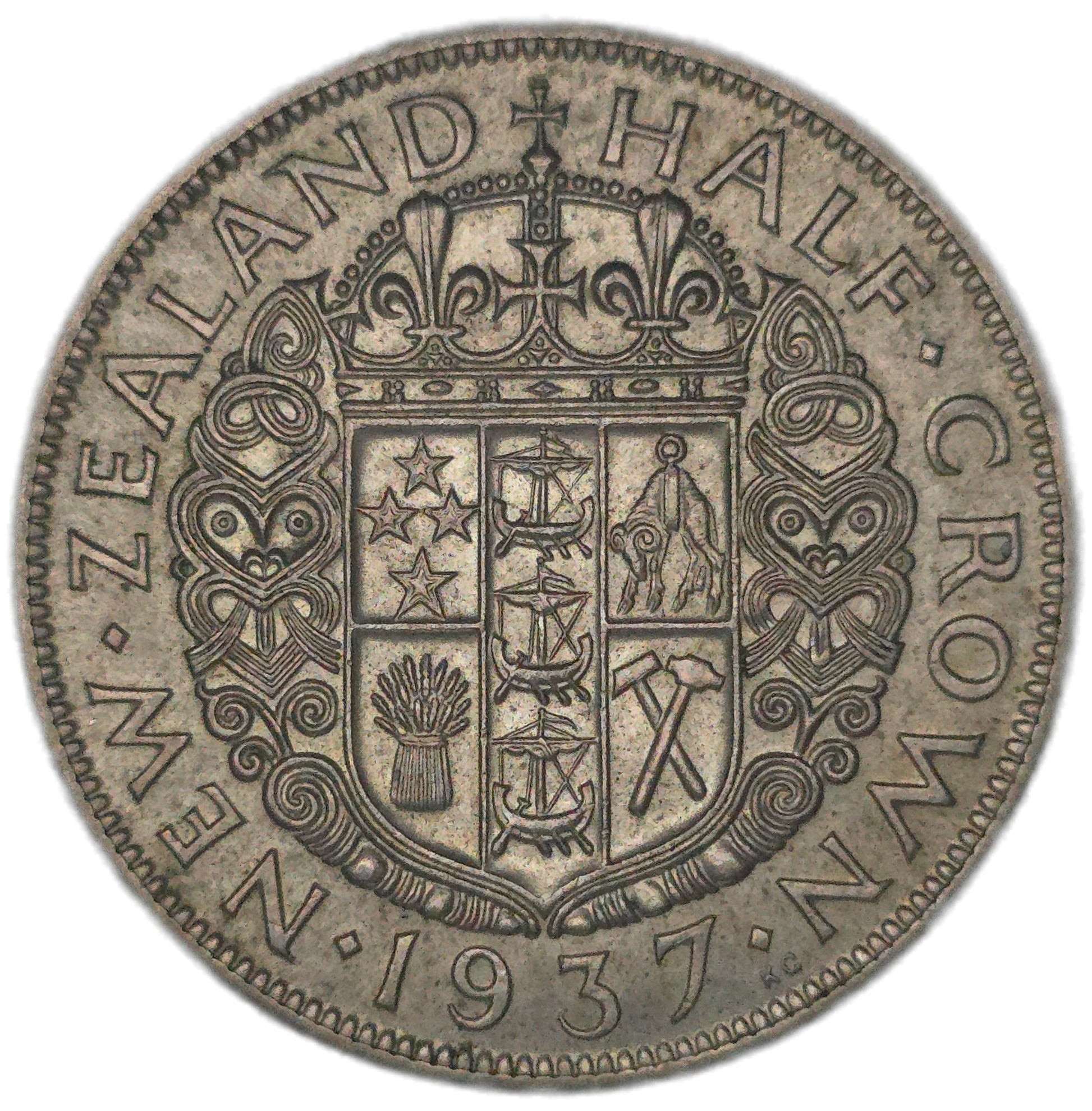 1937 New Zealand Half Crown, gVF - Arts & Entertainment > Hobbies & Creative Arts > Collectibles > Collectible Coins & Currency > Collectible Coins > Rare Coins from The Half Crown