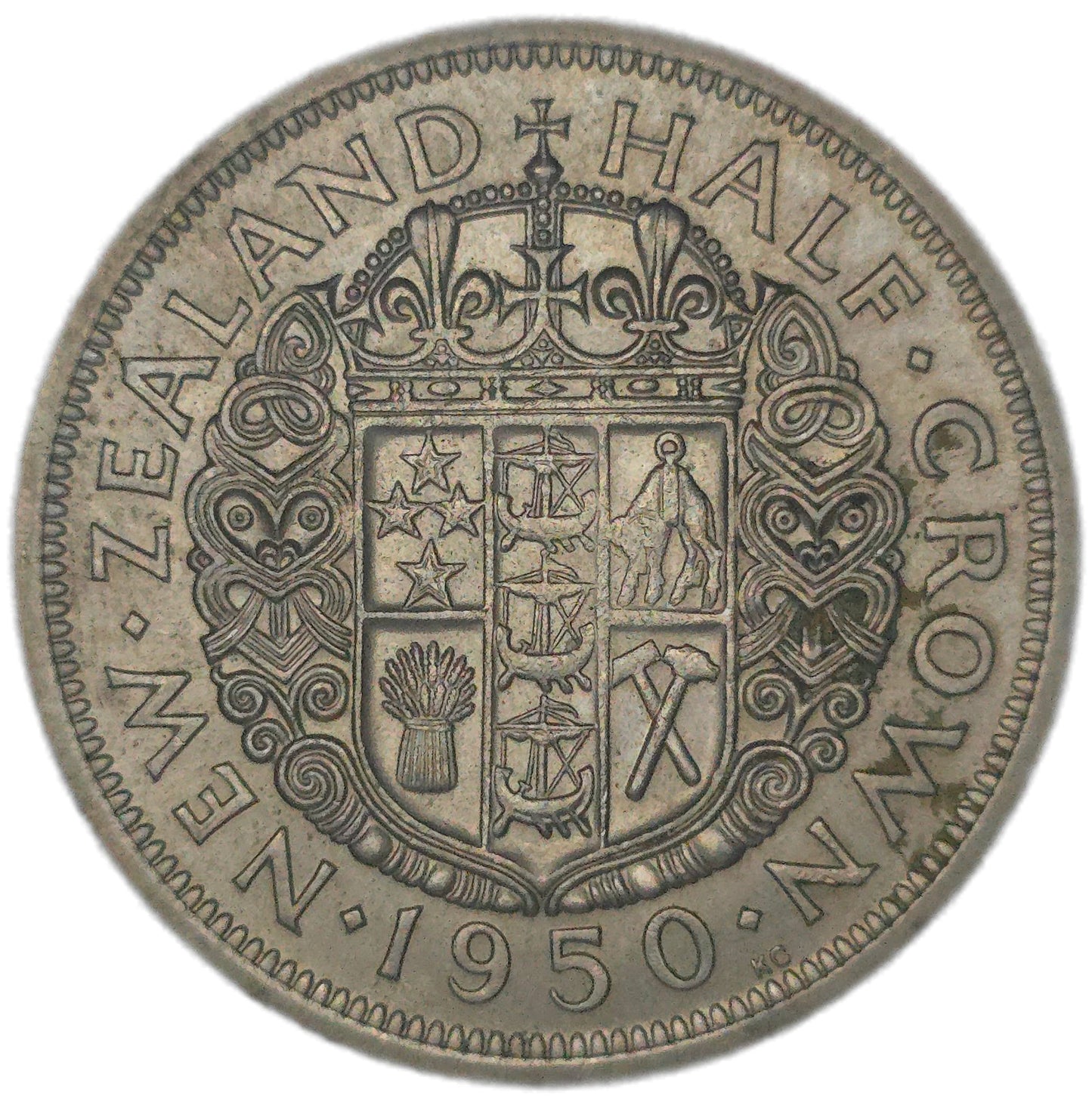 1950 New Zealand Half Crown, gVF - Arts & Entertainment > Hobbies & Creative Arts > Collectibles > Collectible Coins & Currency > Collectible Coins > Rare Coins from The Half Crown
