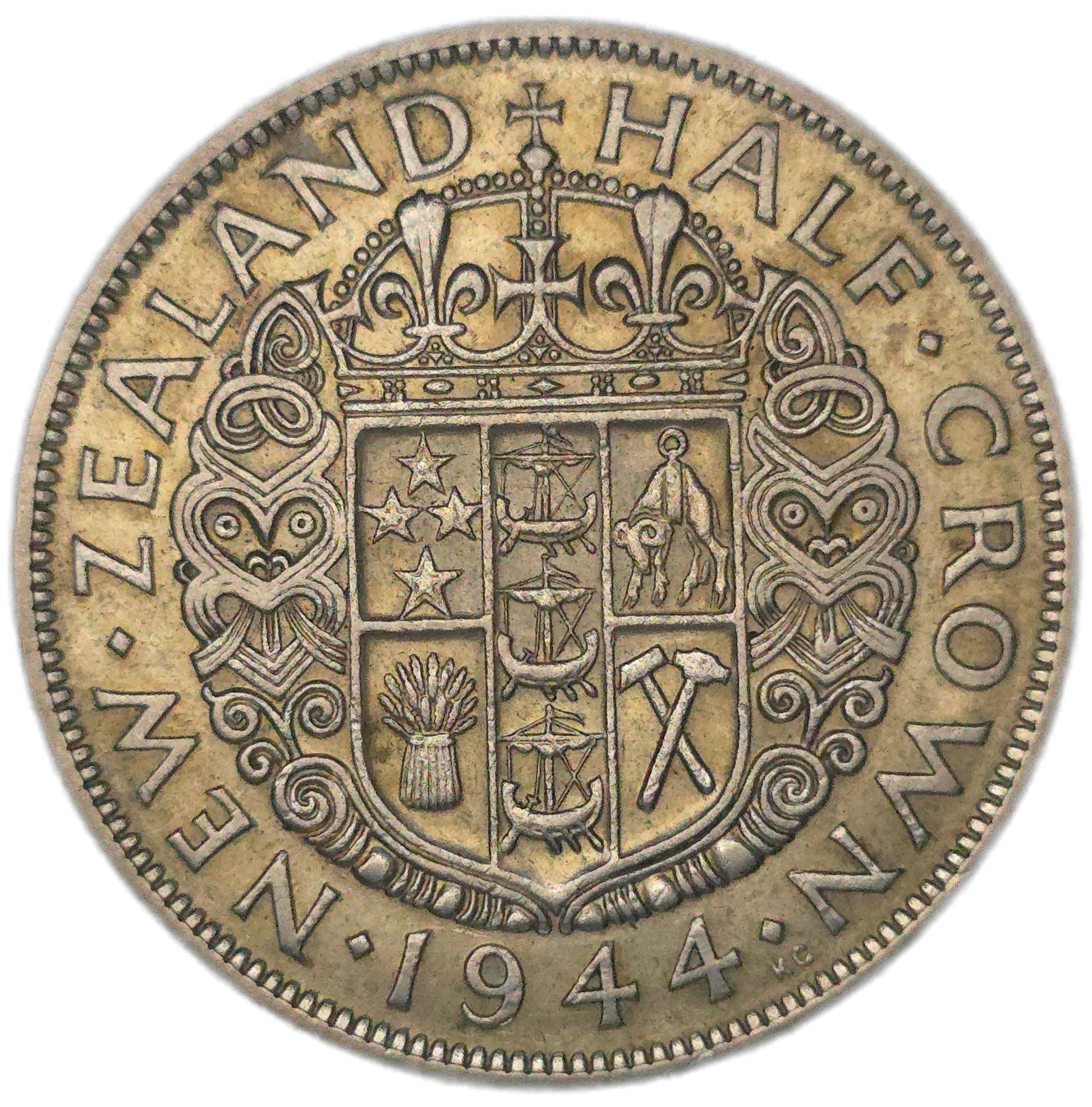 1944 New Zealand Half Crown, Key Date - Arts & Entertainment > Hobbies & Creative Arts > Collectibles > Collectible Coins & Currency > Collectible Coins > Rare Coins from The Half Crown