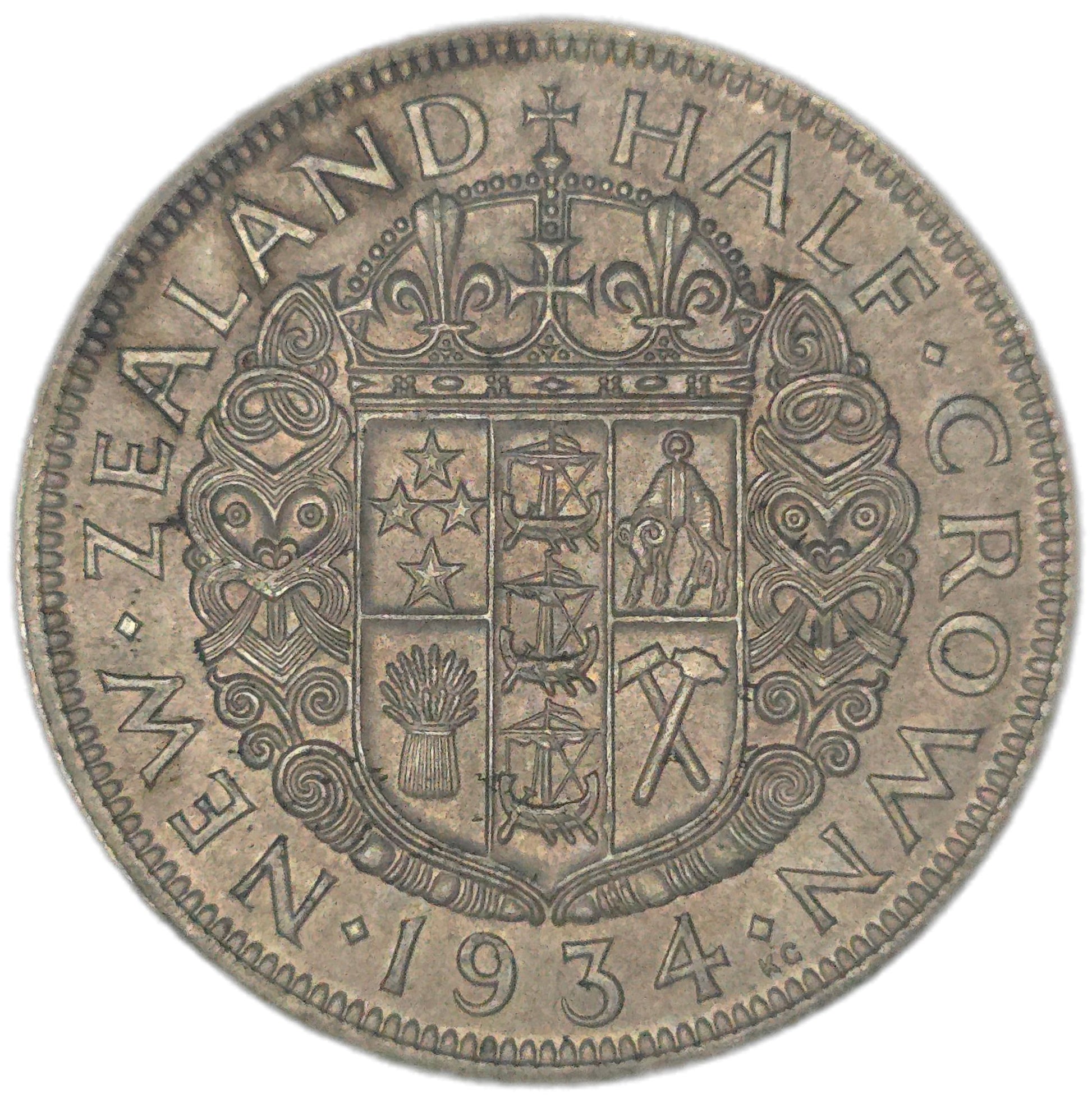 1934 New Zealand Half Crown, aEF - Arts & Entertainment > Hobbies & Creative Arts > Collectibles > Collectible Coins & Currency > Collectible Coins > Rare Coins from The Half Crown