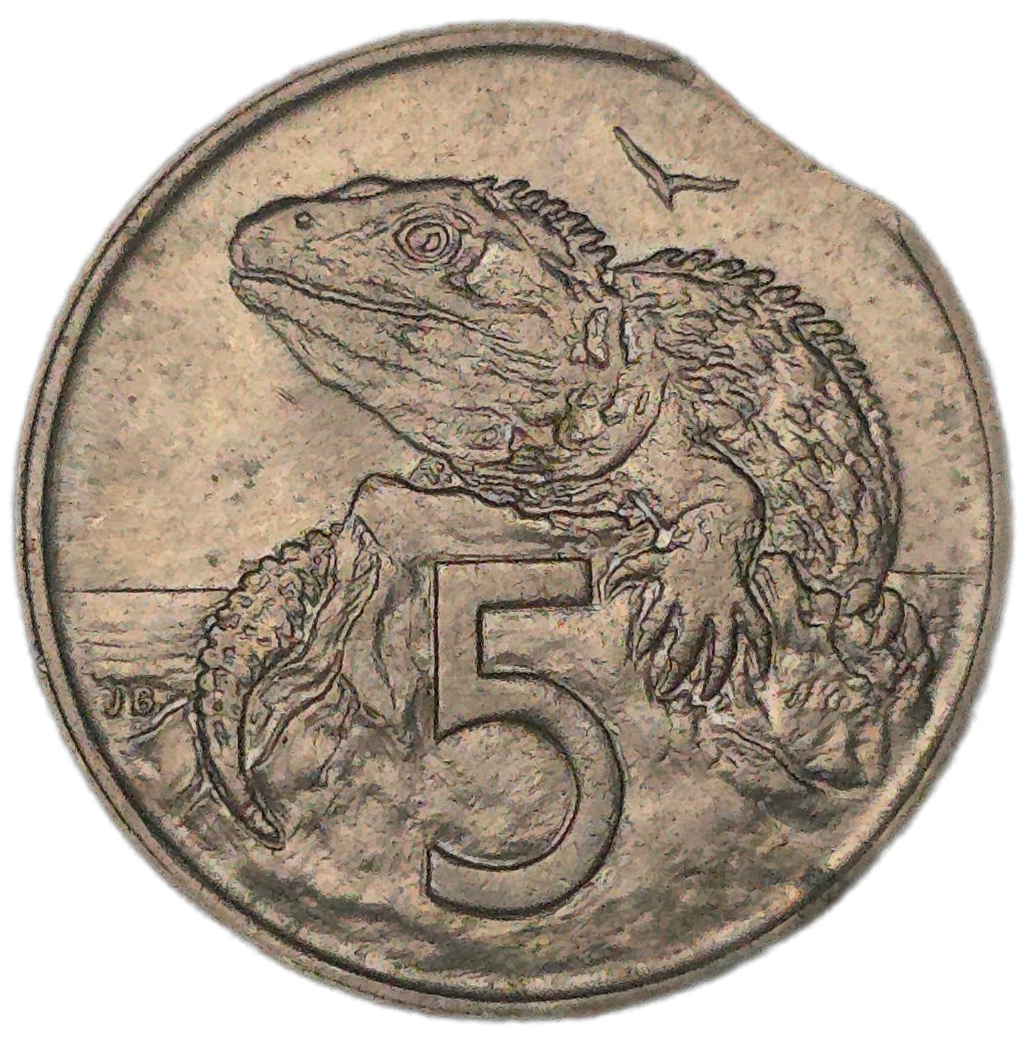 1980 New Zealand 5 Cents, clipped planchette - Arts & Entertainment > Hobbies & Creative Arts > Collectibles > Collectible Coins & Currency > Collectible Coins > Rare Coins from The Half Crown