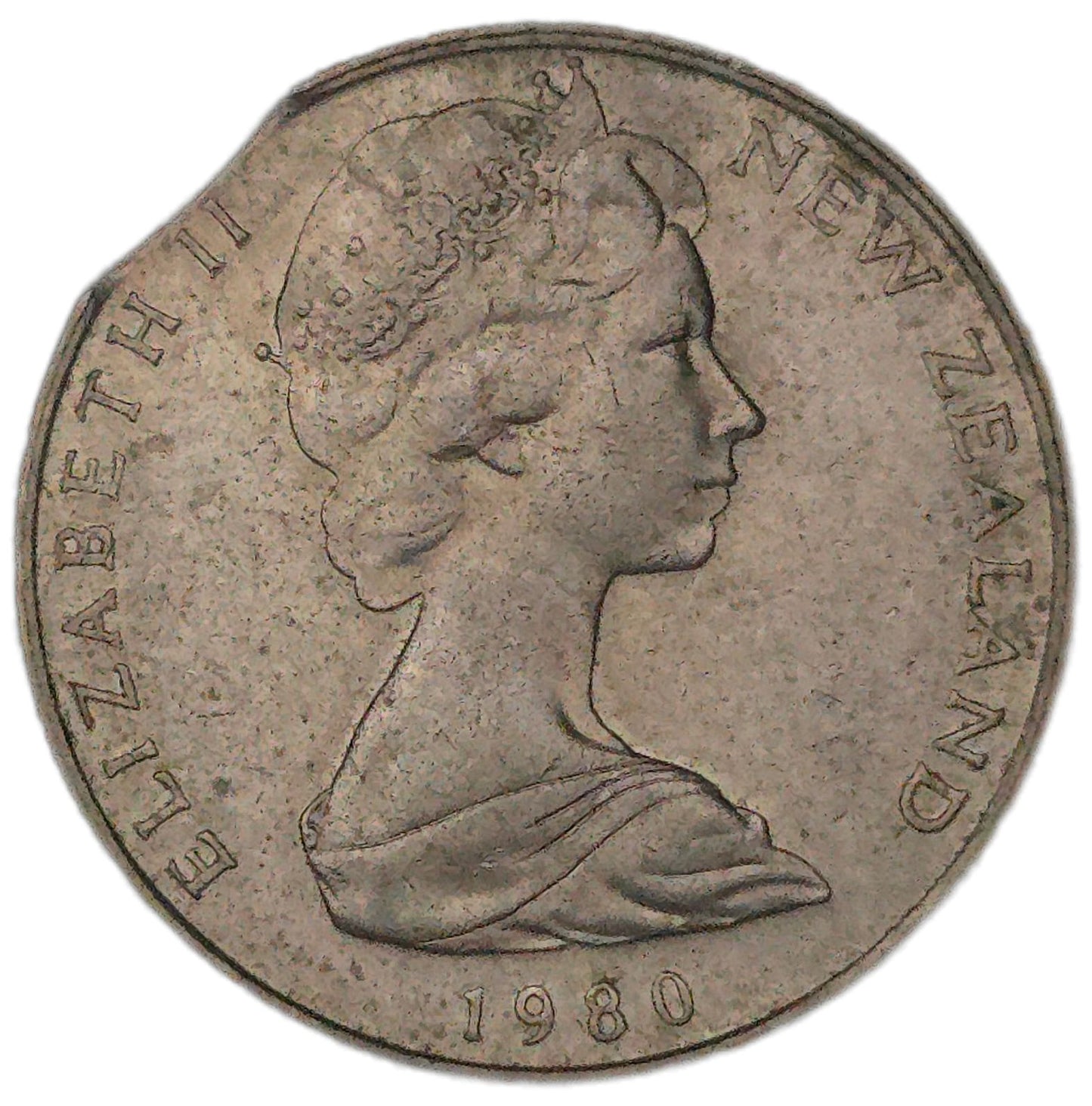 1980 New Zealand 5 Cents, clipped planchette - Arts & Entertainment > Hobbies & Creative Arts > Collectibles > Collectible Coins & Currency > Collectible Coins > Rare Coins from The Half Crown