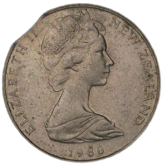 1980 New Zealand 5 Cents, clipped planchette - Arts & Entertainment > Hobbies & Creative Arts > Collectibles > Collectible Coins & Currency > Collectible Coins > Rare Coins from The Half Crown