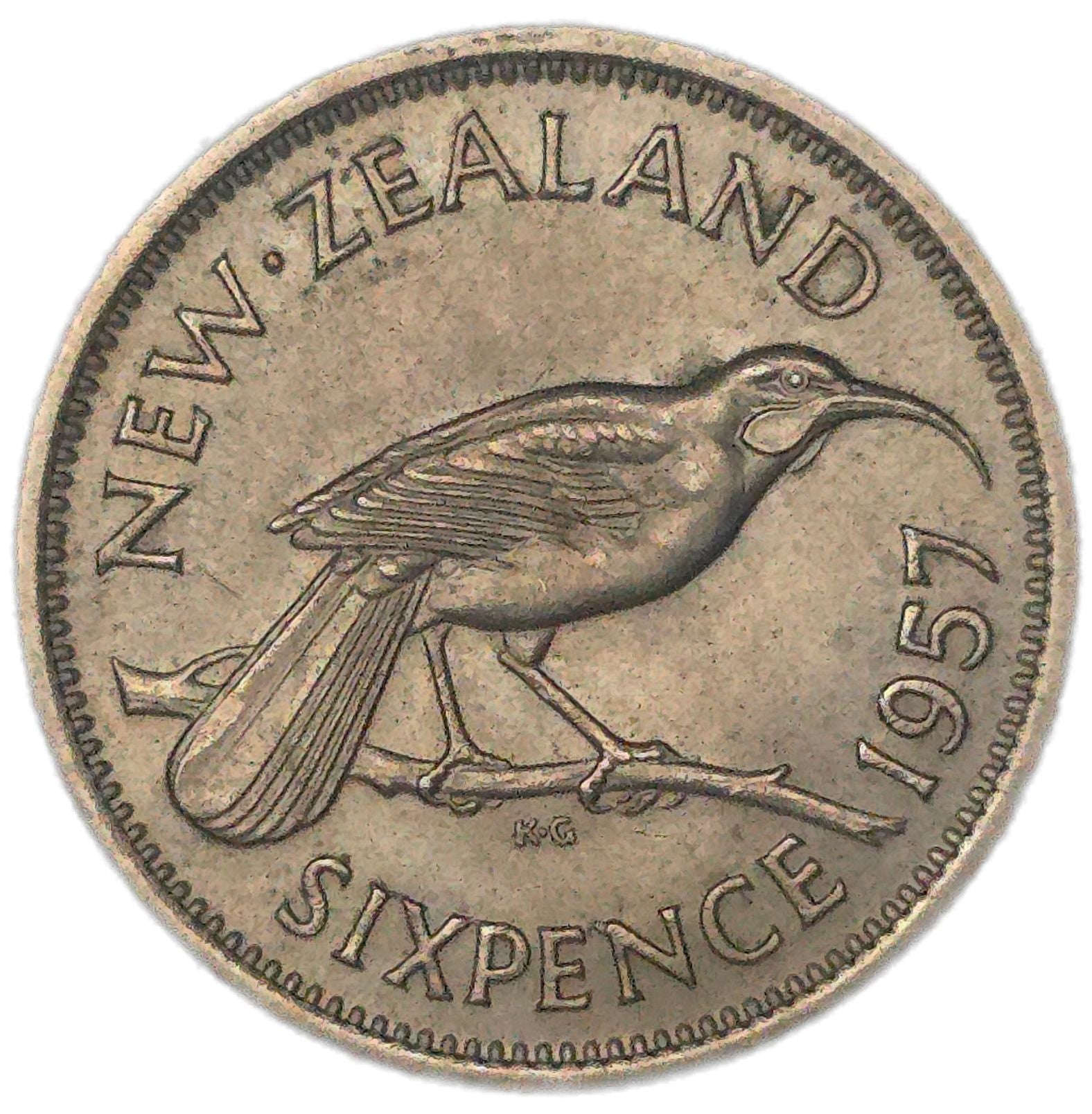 1957 New Zealand Sixpence, No Shoulder Strap, gVF - Arts & Entertainment > Hobbies & Creative Arts > Collectibles > Collectible Coins & Currency > Collectible Coins > Rare Coins from The Half Crown
