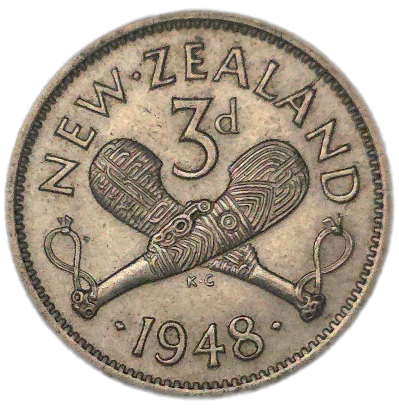 1948 New Zealand Threepence, die crack, gVF - Arts & Entertainment > Hobbies & Creative Arts > Collectibles > Collectible Coins & Currency > Collectible Coins > Rare Coins from The Half Crown