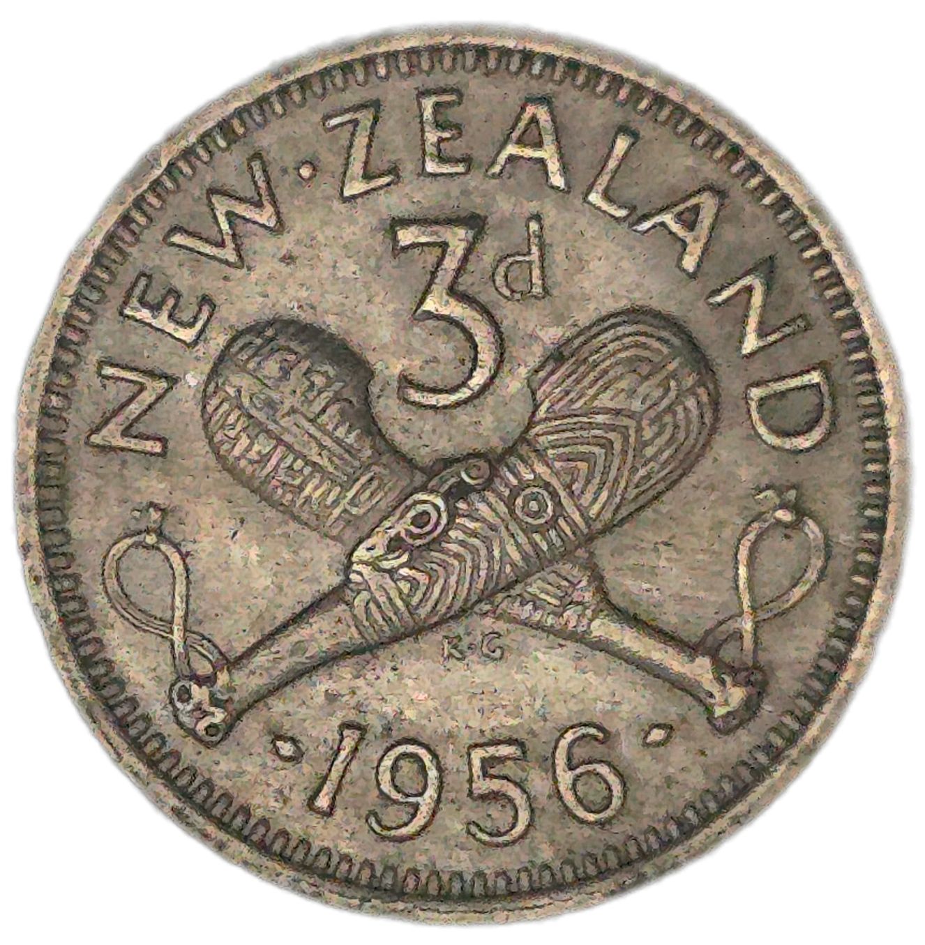 1956 New Zealand Threepence, No Shoulder Strap, VF