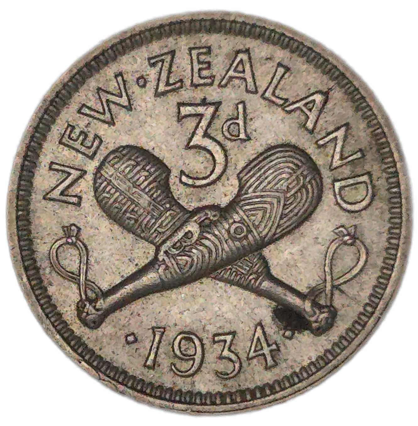 1934 New Zealand Threepence, die crack, EF - Arts & Entertainment > Hobbies & Creative Arts > Collectibles > Collectible Coins & Currency > Collectible Coins > Rare Coins from The Half Crown