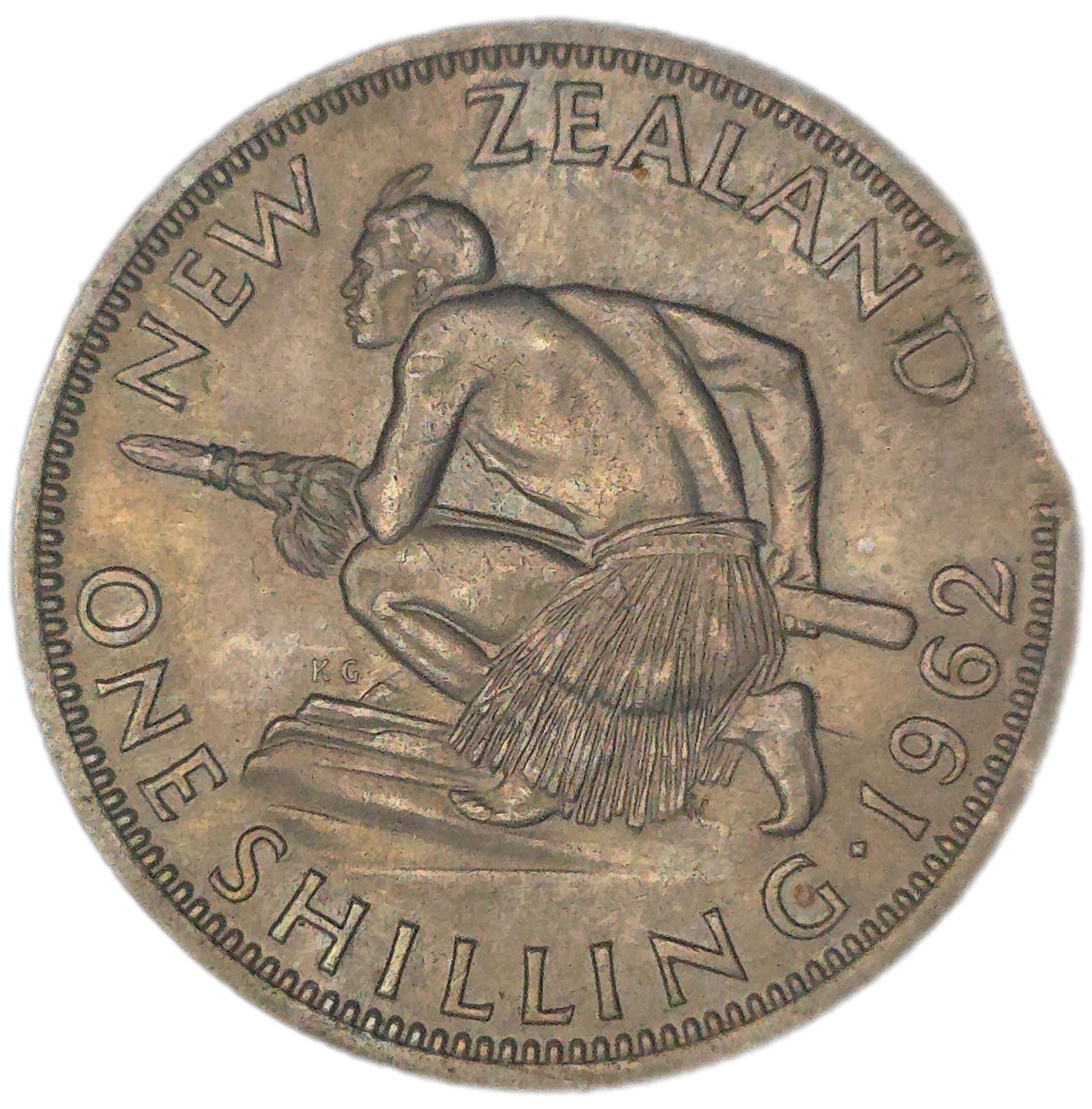 1962 New Zealand Shilling, clipped planchette - Arts & Entertainment > Hobbies & Creative Arts > Collectibles > Collectible Coins & Currency > Collectible Coins > Rare Coins from The Half Crown