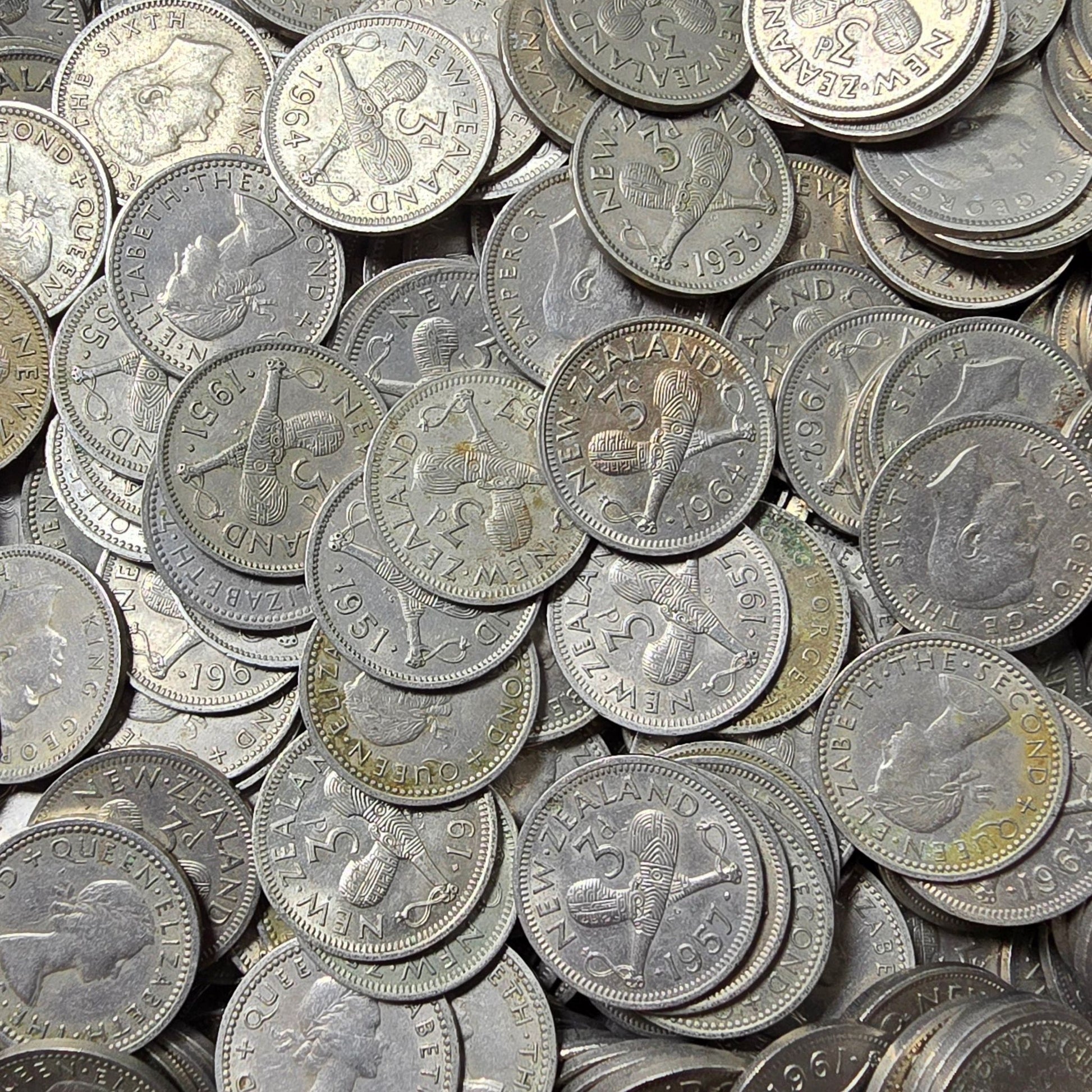1947-65 New Zealand Threepence, 100 grams of coins - Arts & Entertainment > Hobbies & Creative Arts > Collectibles > Collectible Coins & Currency > Collectible Coins > Rare Coins from The Half Crown
