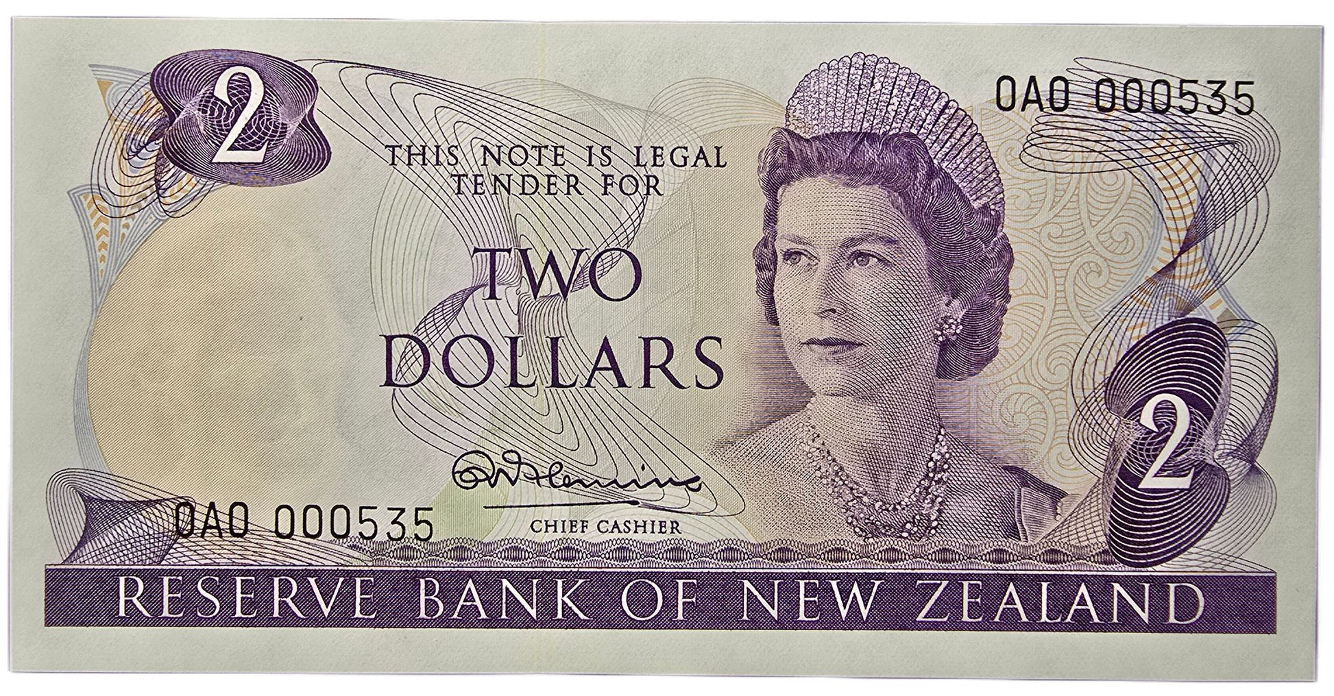 1967-1968 New Zealand Two Dollar Note, 0A0 000535 - Arts & Entertainment > Hobbies & Creative Arts > Collectibles > Collectible Coins & Currency > Collectible Banknotes from The Half Crown