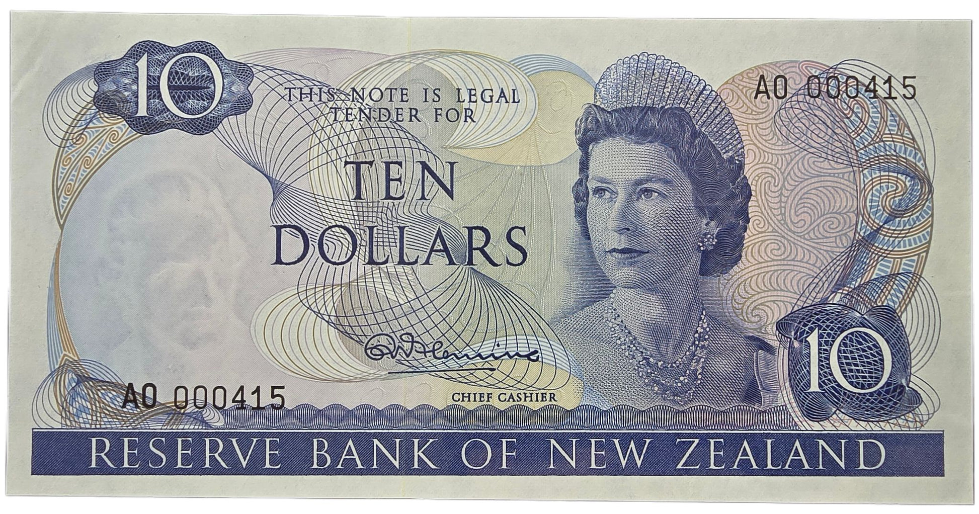 1967-1968 New Zealand Ten Dollar Note, A0 000415 - Arts & Entertainment > Hobbies & Creative Arts > Collectibles > Collectible Coins & Currency > Collectible Banknotes from The Half Crown