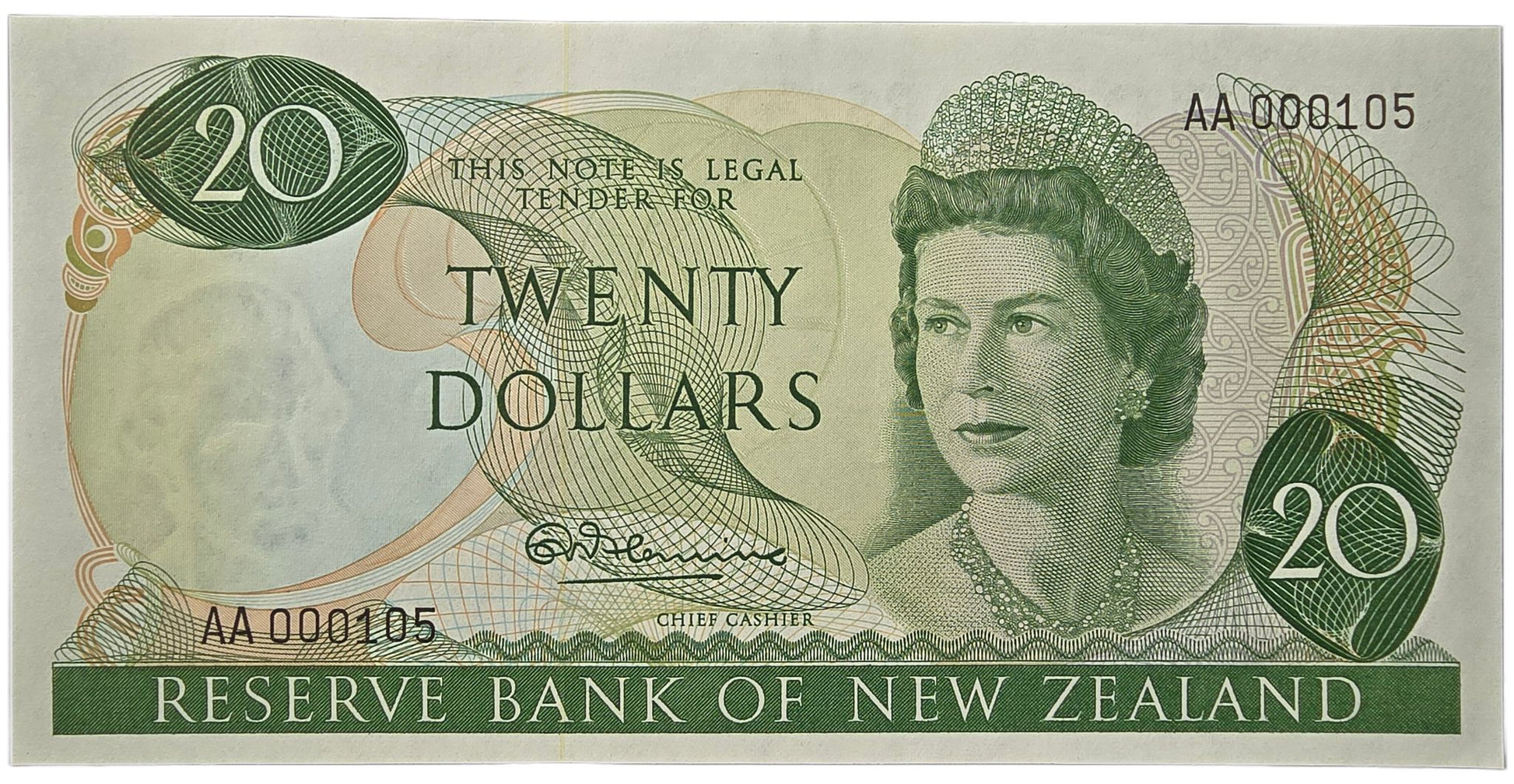 1967-1968 New Zealand Twenty Dollar Note, 0A0 000105 - Arts & Entertainment > Hobbies & Creative Arts > Collectibles > Collectible Coins & Currency > Collectible Banknotes from The Half Crown