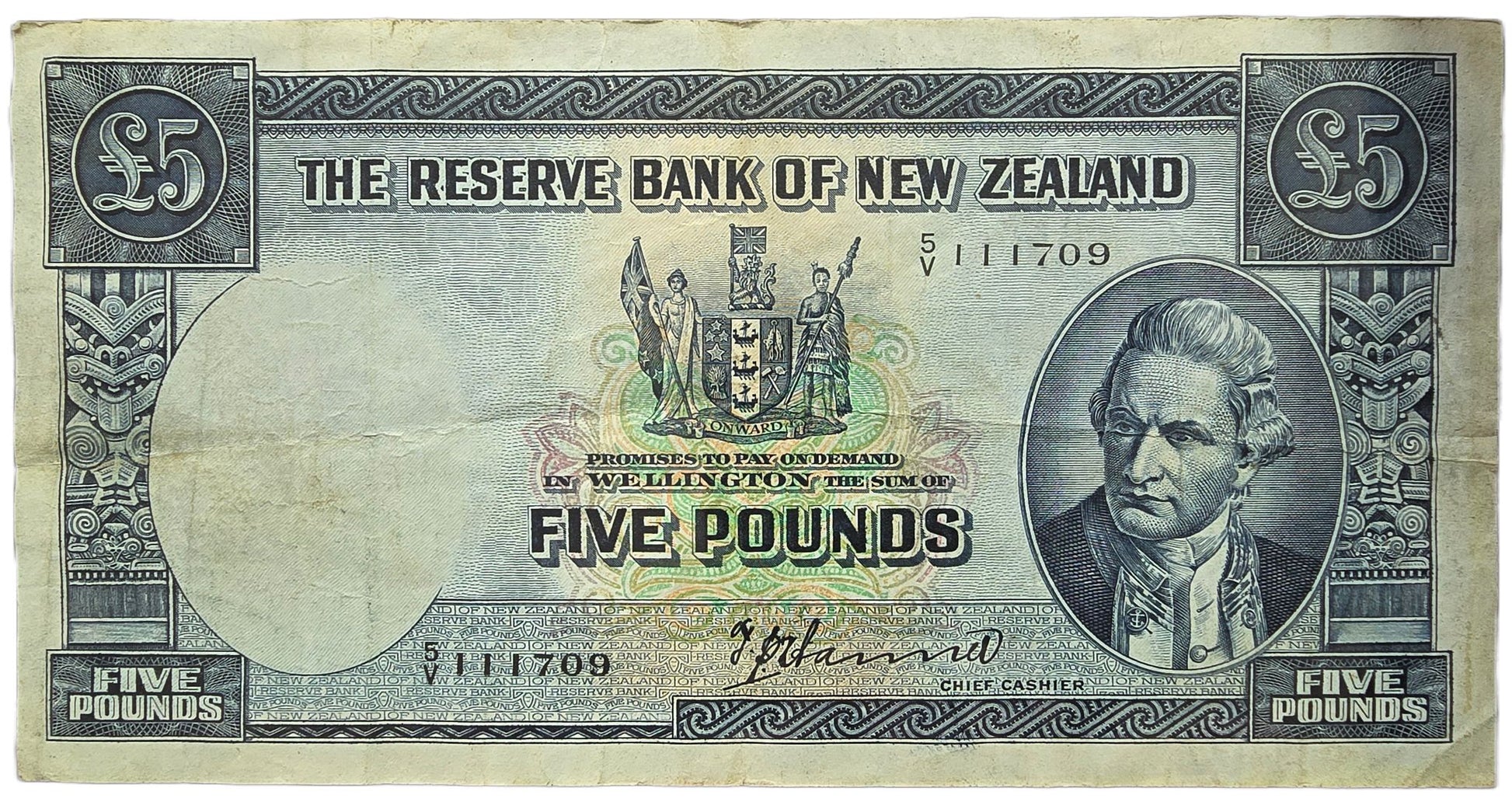 1940-1955 New Zealand 5 Pound Note - Arts & Entertainment > Hobbies & Creative Arts > Collectibles > Collectible Coins & Currency > Collectible Banknotes from The Half Crown