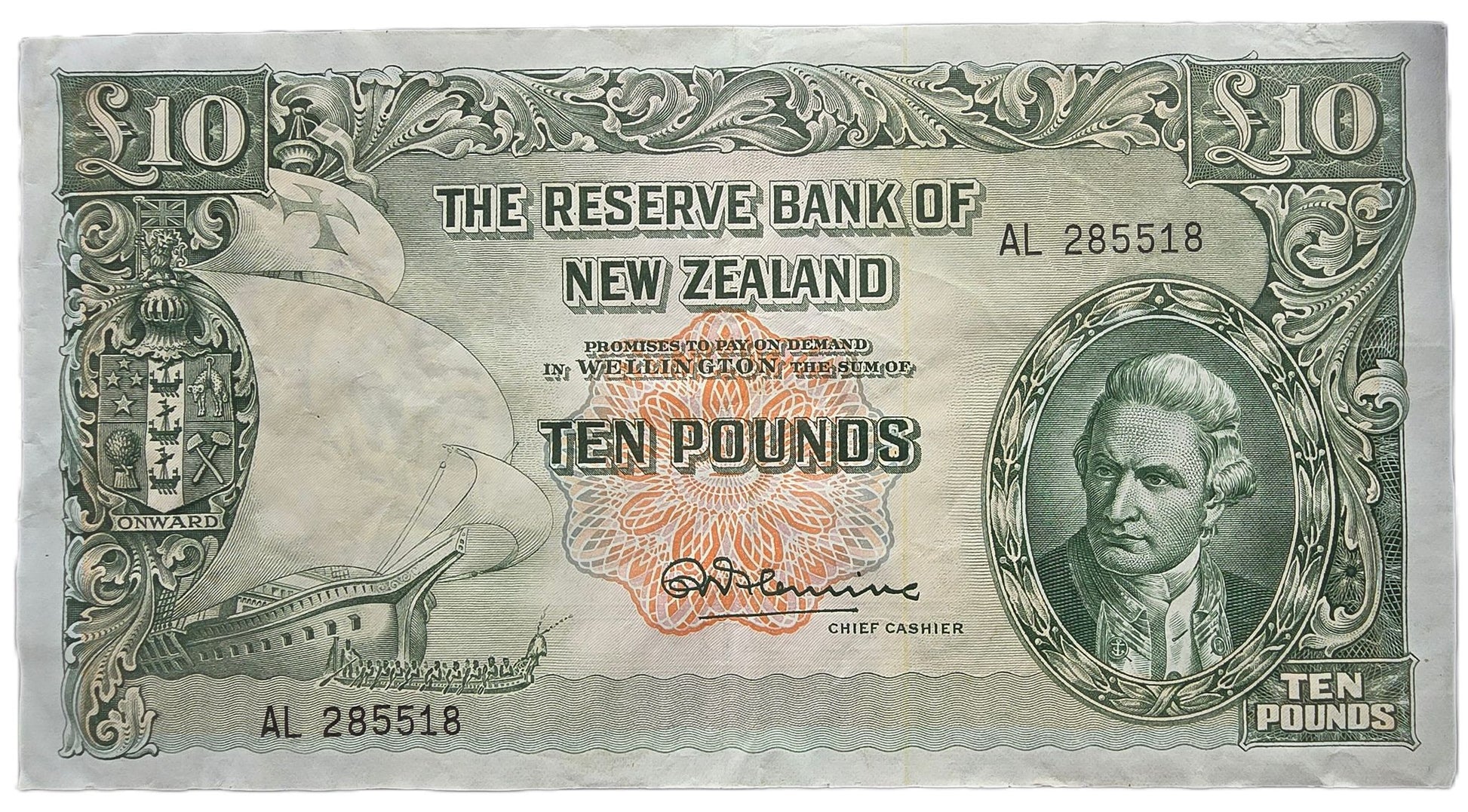 1956-1967 New Zealand Ten Pound Note, aVF - Arts & Entertainment > Hobbies & Creative Arts > Collectibles > Collectible Coins & Currency > Collectible Banknotes from The Half Crown