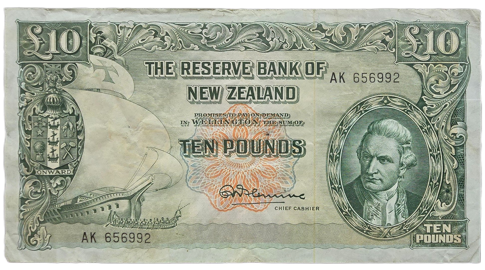 1956-1967 New Zealand Ten Pound Note, gFine - Arts & Entertainment > Hobbies & Creative Arts > Collectibles > Collectible Coins & Currency > Collectible Banknotes from The Half Crown