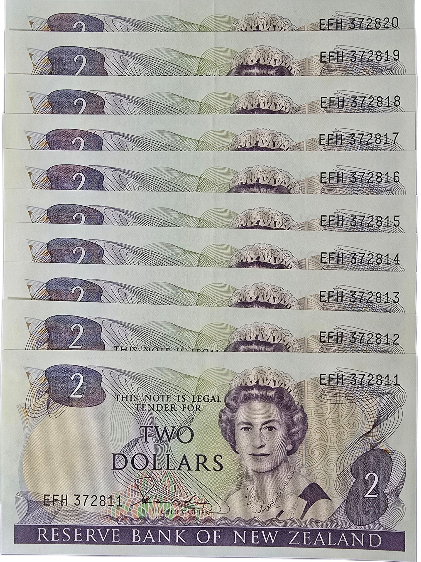 1981-1985 New Zealand Two Dollar, 10 Consecutive Notes