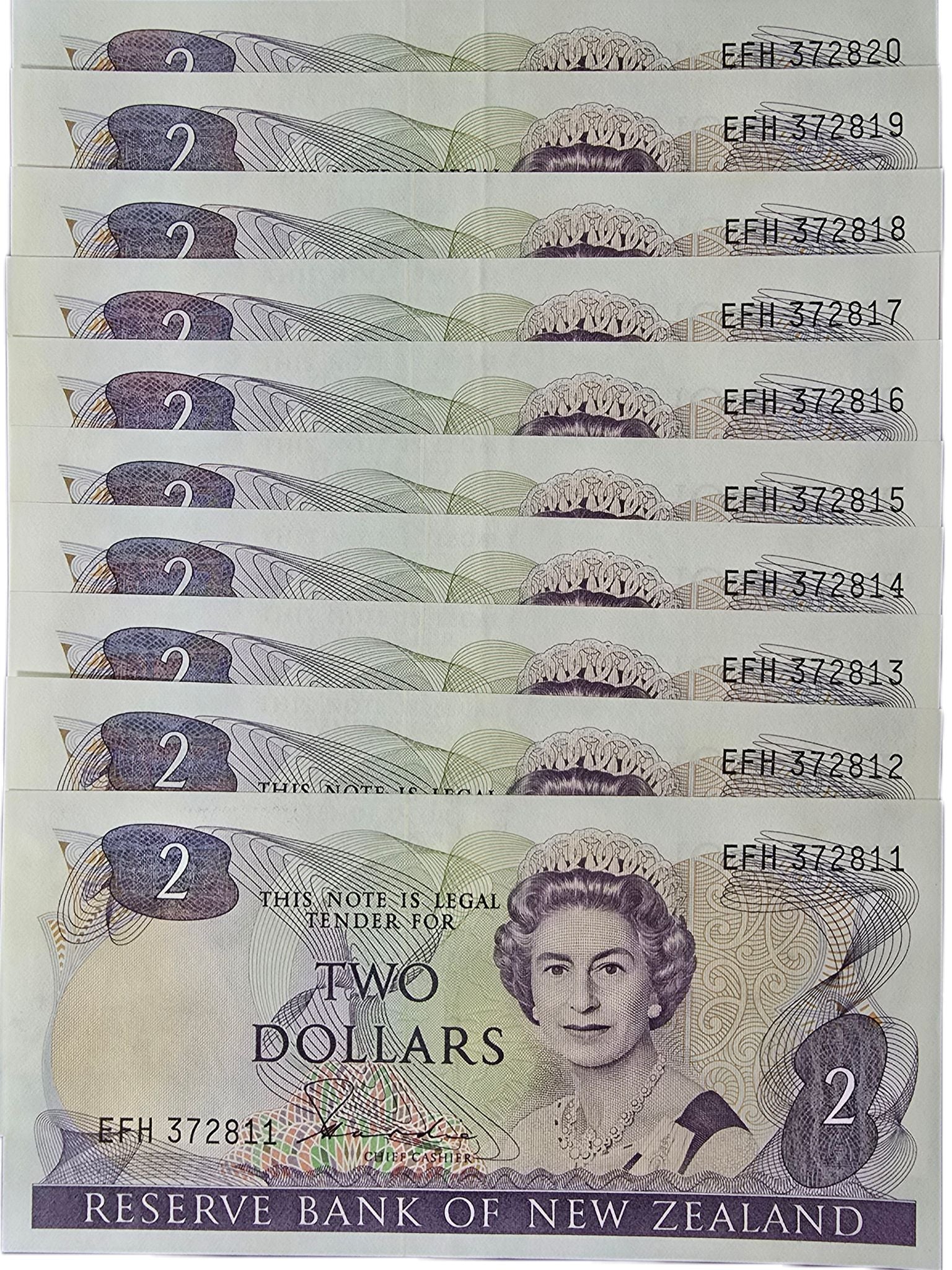 1981-1985 New Zealand Two Dollar, 10 Consecutive Notes - Arts & Entertainment > Hobbies & Creative Arts > Collectibles > Collectible Coins & Currency > Collectible Banknotes from The Half Crown